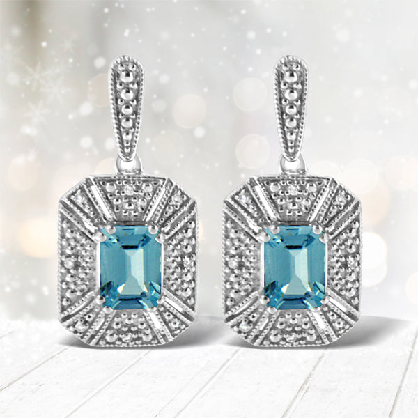 .925 Sterling Silver 7x5MM Emerald Shape Blue Topaz and Diamond Accent Art Deco Halo Style Drop and Dangle Earrings I-J Color, I1-I2 Clarity on sale at MyriadMart