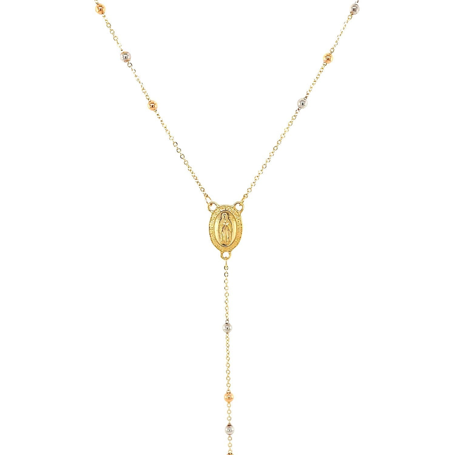 14k Tri Color Gold Lariat Rosary Necklace on sale at MyriadMart