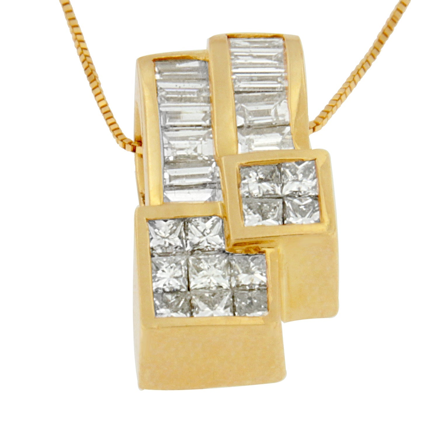 14K Yellow Gold 1 1/2 cttw Princess and Baguette Cut Diamond Geometric Pendant Necklace H-I Color, VS1-VS2 Clarity on sale at MyriadMart