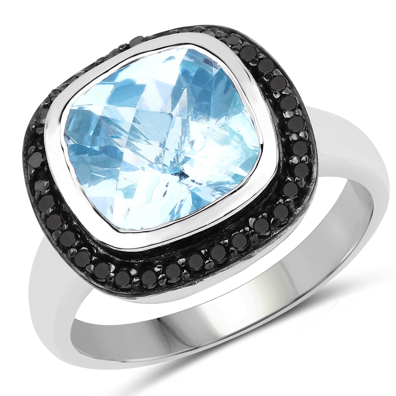 5.23 Carat Genuine Baby Swiss Blue Topaz and Black Diamond .925 Sterling Silver Ring on sale at MyriadMart