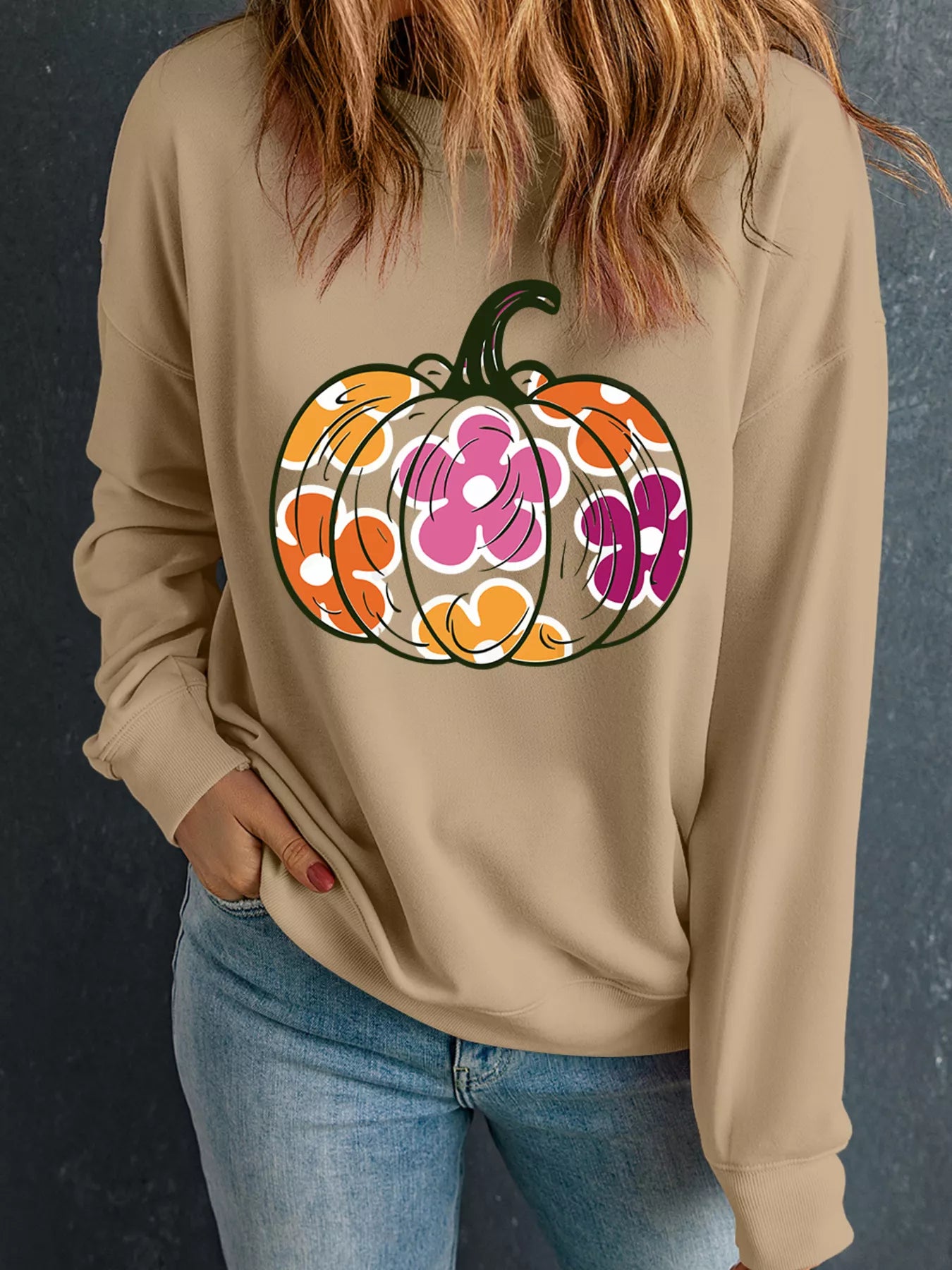 Halloween Floral Pumpkin Graphic Drop Shoulder Sweatshirt - MyriadMart