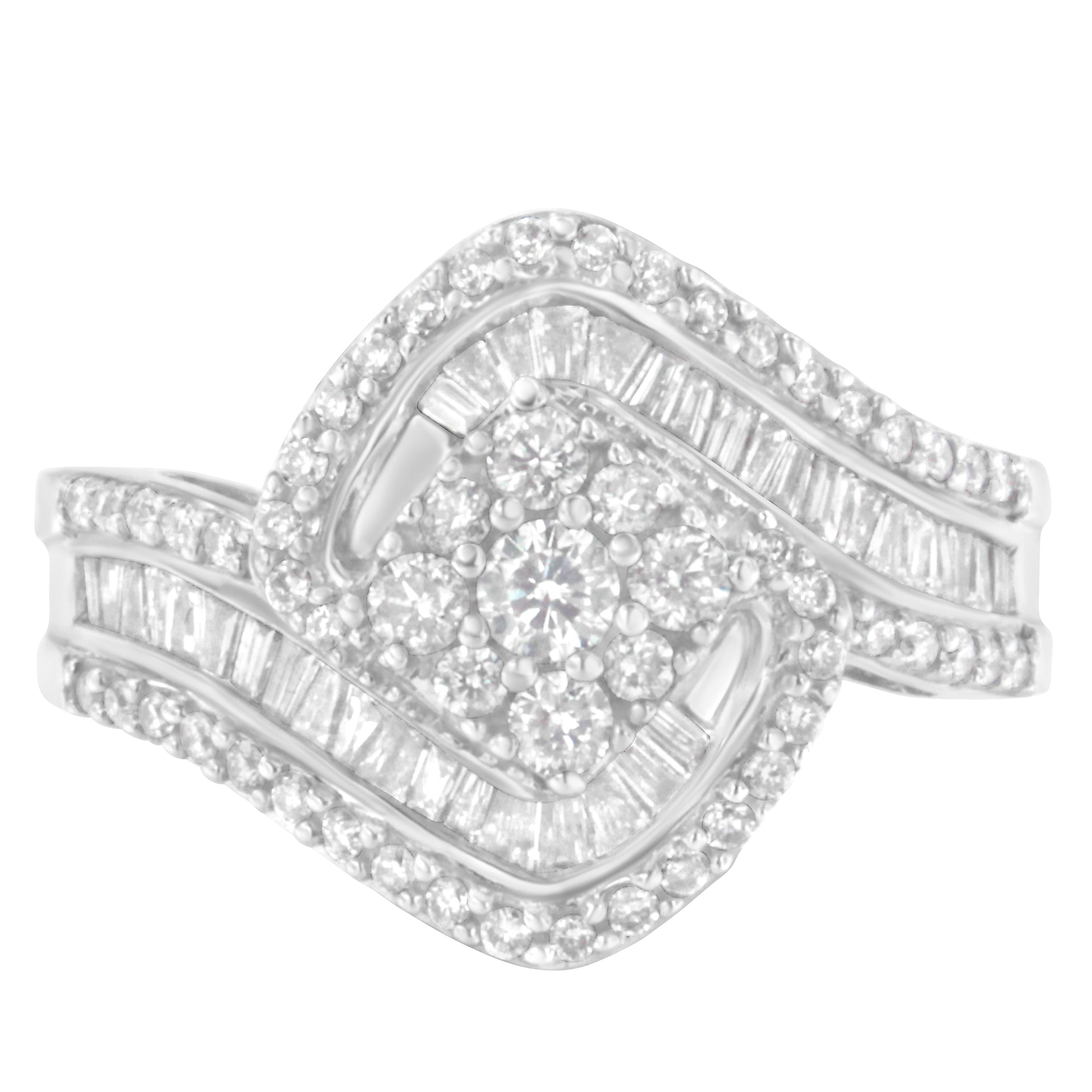 14K White Gold 1 Cttw Baguette and Round Diamond Floral Swirl Cluster Cocktail Ring on sale at MyriadMart