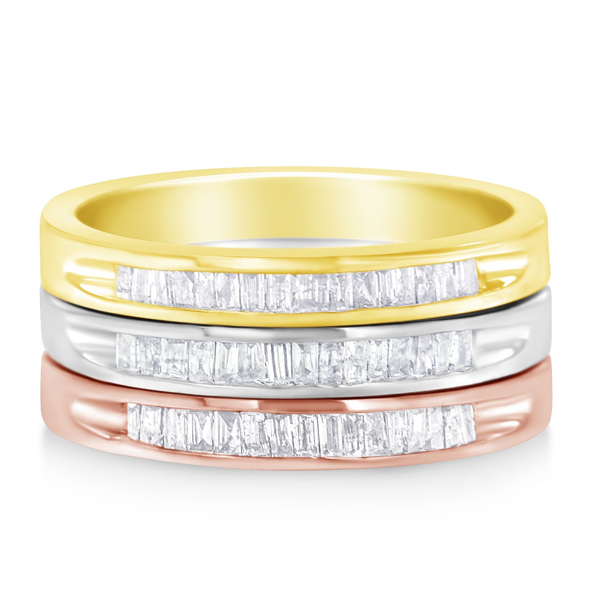 10K Yellow, White and Rose Gold over .925 Sterling Silver 5/8 Cttw Diamond Channel-Set Stackable Band Ring Set H-I Color, I1-I2 Clarity - Size 6 3/4 on sale at MyriadMart