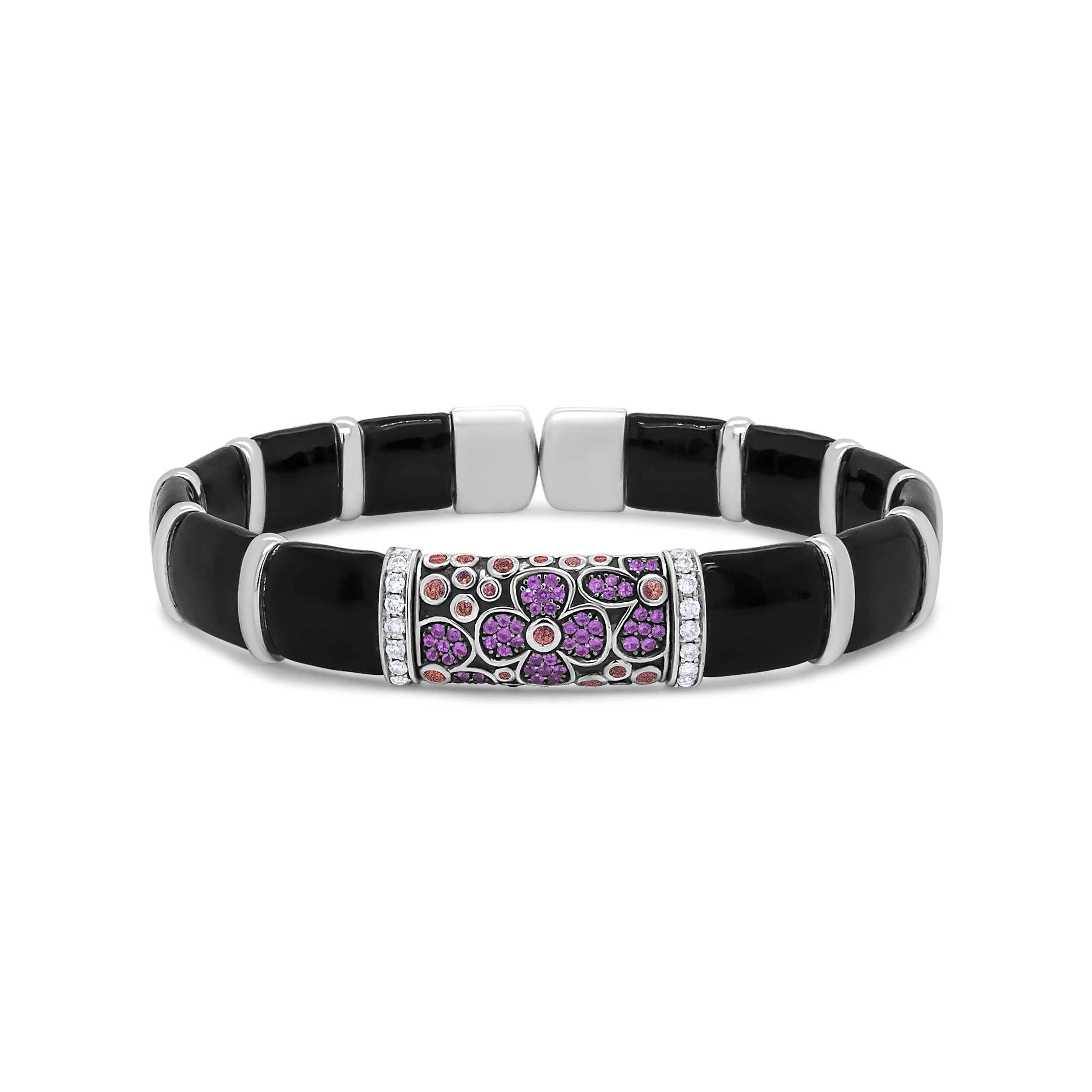 .925 Sterling Silver Black and Brown Enamel 1/3 Cttw Round Diamonds and Pink and Orange Sapphire Gemstones Floral Statement Bangle Bracelet F-G Color, VS1-VS2 Clarity - Size 7.75" on sale at MyriadMart