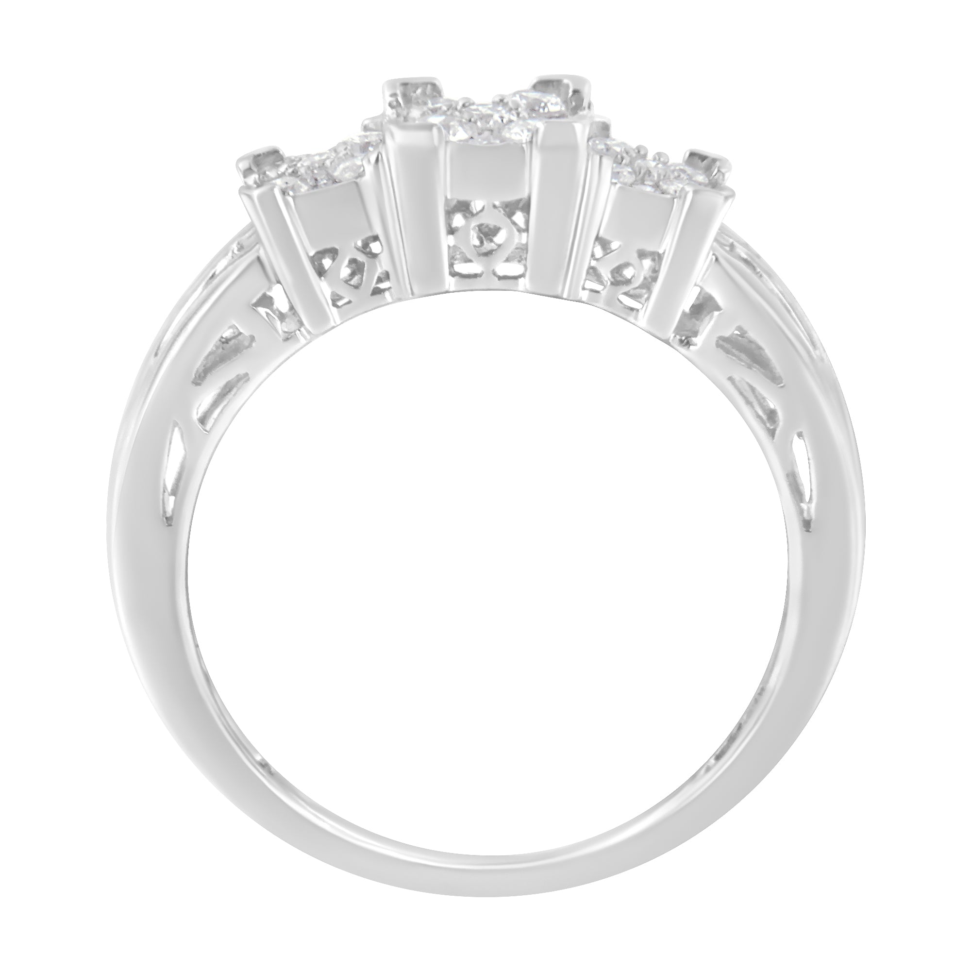 10K White Gold 1/2 Cttw Brilliant & Baguette Cut Diamond 3 Stone Design with 3 Square Clusters Engagement Ring H-I Color, SI2-I1 Clarity - Size 6-3/4 on sale at MyriadMart