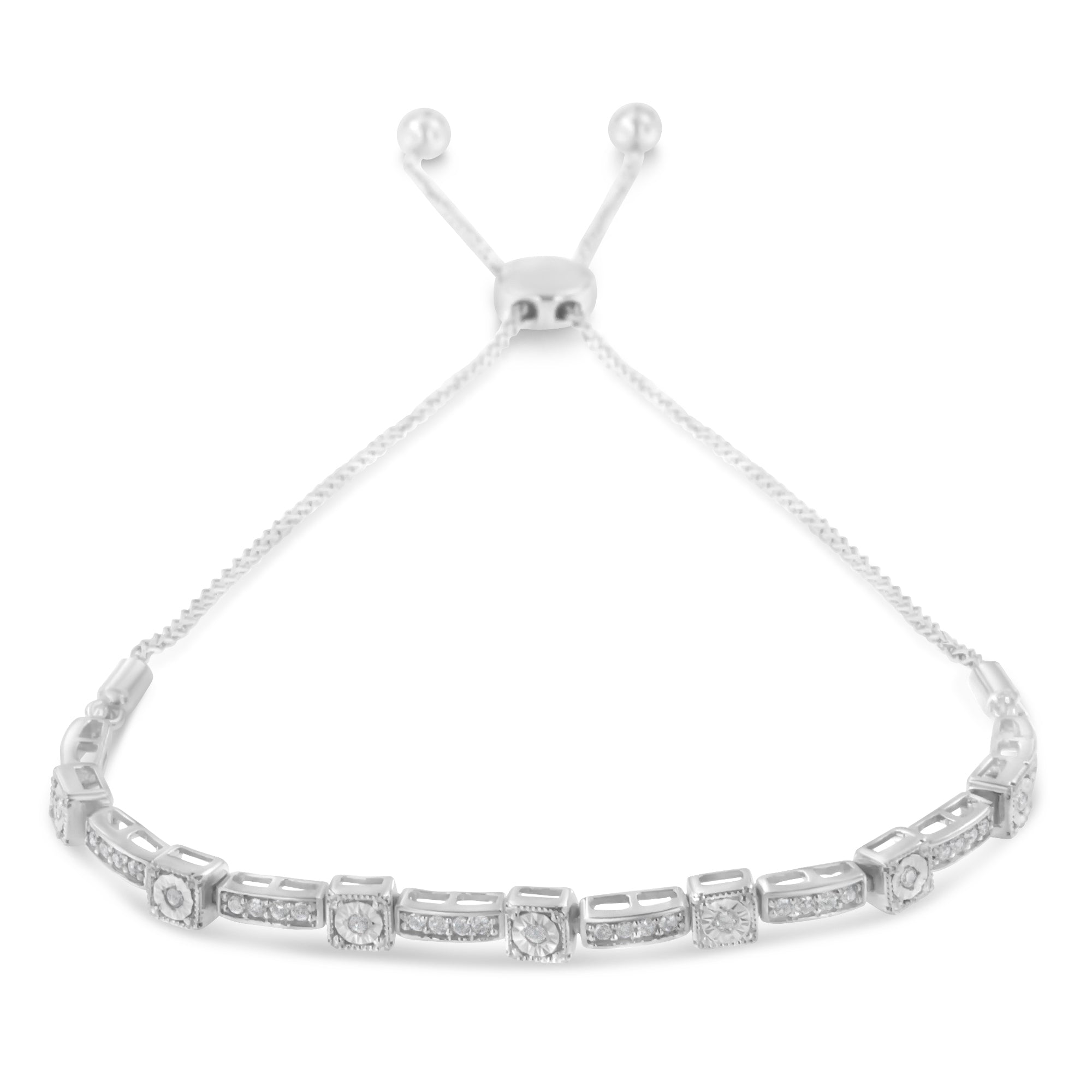 .925 Sterling Silver 1/4 Cttw Diamond 4â€-10†Adjustable Bolo Alternating Square and Rectangle Bolo Bracelet (I-J Color, I3 Clarity)