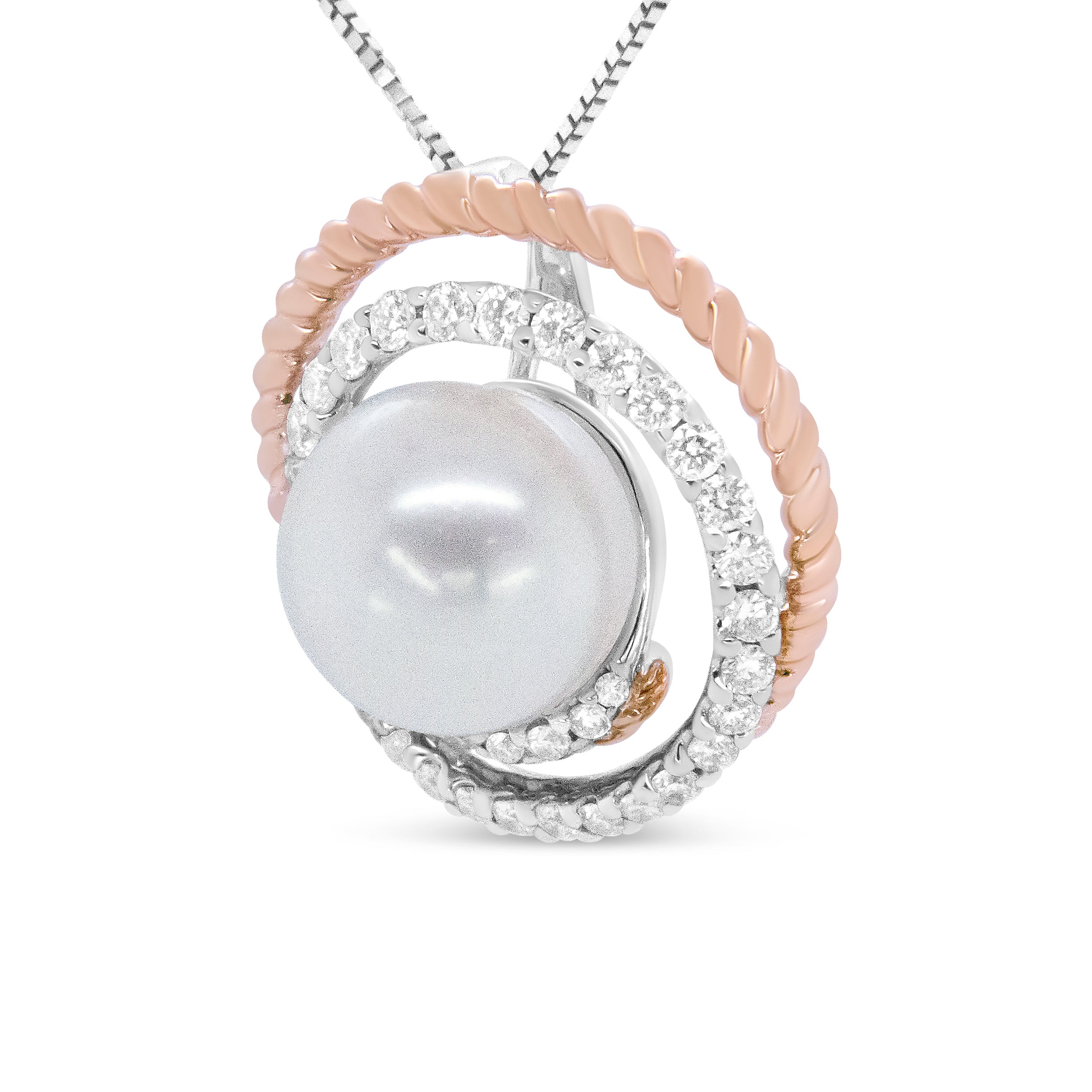 14K Rose and White Gold 3/8 Cttw Pave Diamond and 9mm Round Pearl Spiral Openwork 18" Pendant Necklace- H-I Color, VS1-VS2 Clarity on sale at MyriadMart