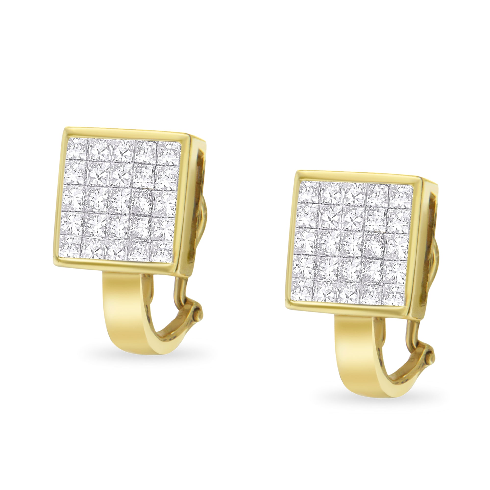 14K Yellow Gold 3-1/5 Cttw Princess Cut Diamond ¾ Square Invisible Set Grid Huggy Style Omega Back Stud Earrings G-H Color, VS1-VS2 Clarity on sale at MyriadMart