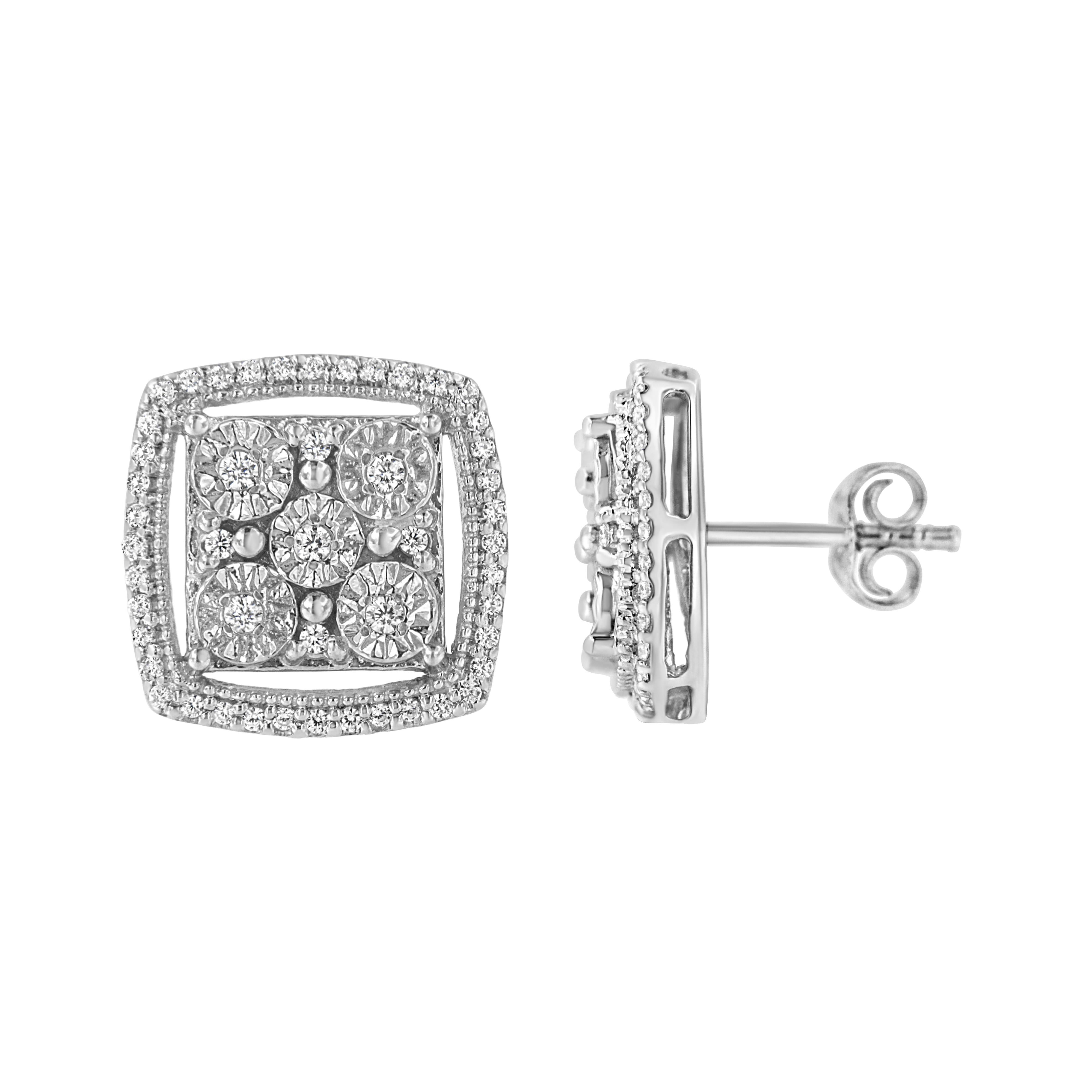 .925 Sterling Silver 3/8 Cttw Miracle Set Round Diamond Double Halo Cluster Earrings I-J Color, I2-I3 Clarity on sale at MyriadMart