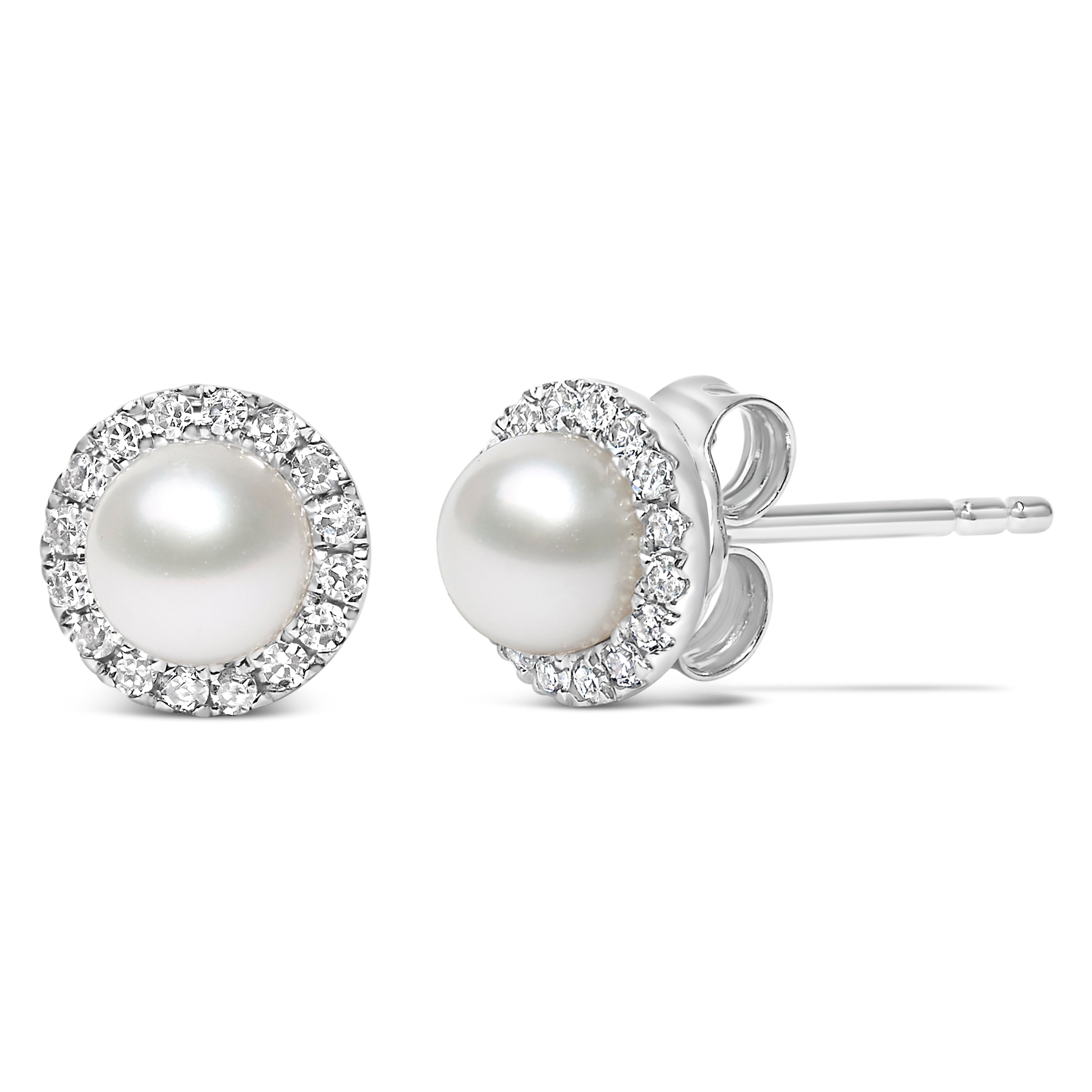 10K White Gold 4.5mm Cultured Freshwater Pearl and 1/7 Cttw Diamond Halo Stud Earring I-J Color, I1-I2 Clarity on sale at MyriadMart