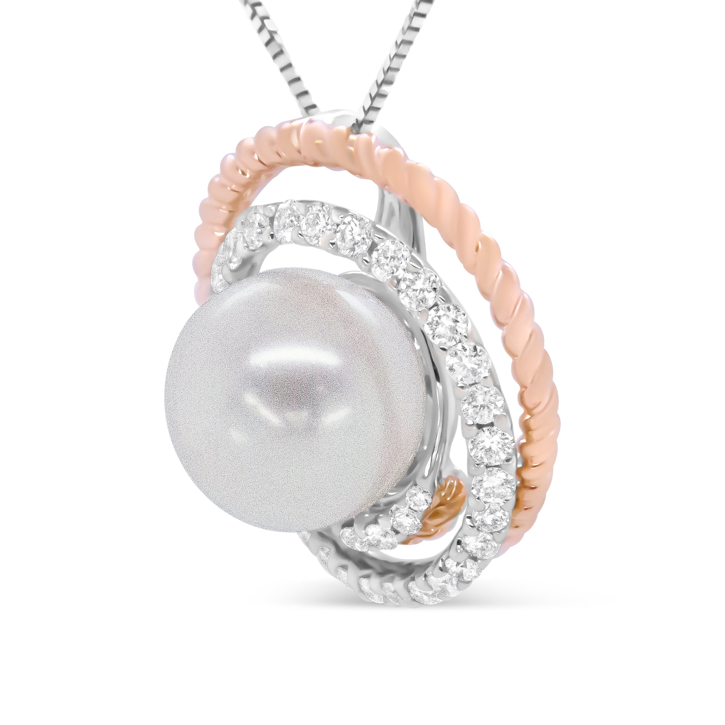 14K Rose and White Gold 3/8 Cttw Pave Diamond and 9mm Round Pearl Spiral Openwork 18" Pendant Necklace- H-I Color, VS1-VS2 Clarity on sale at MyriadMart