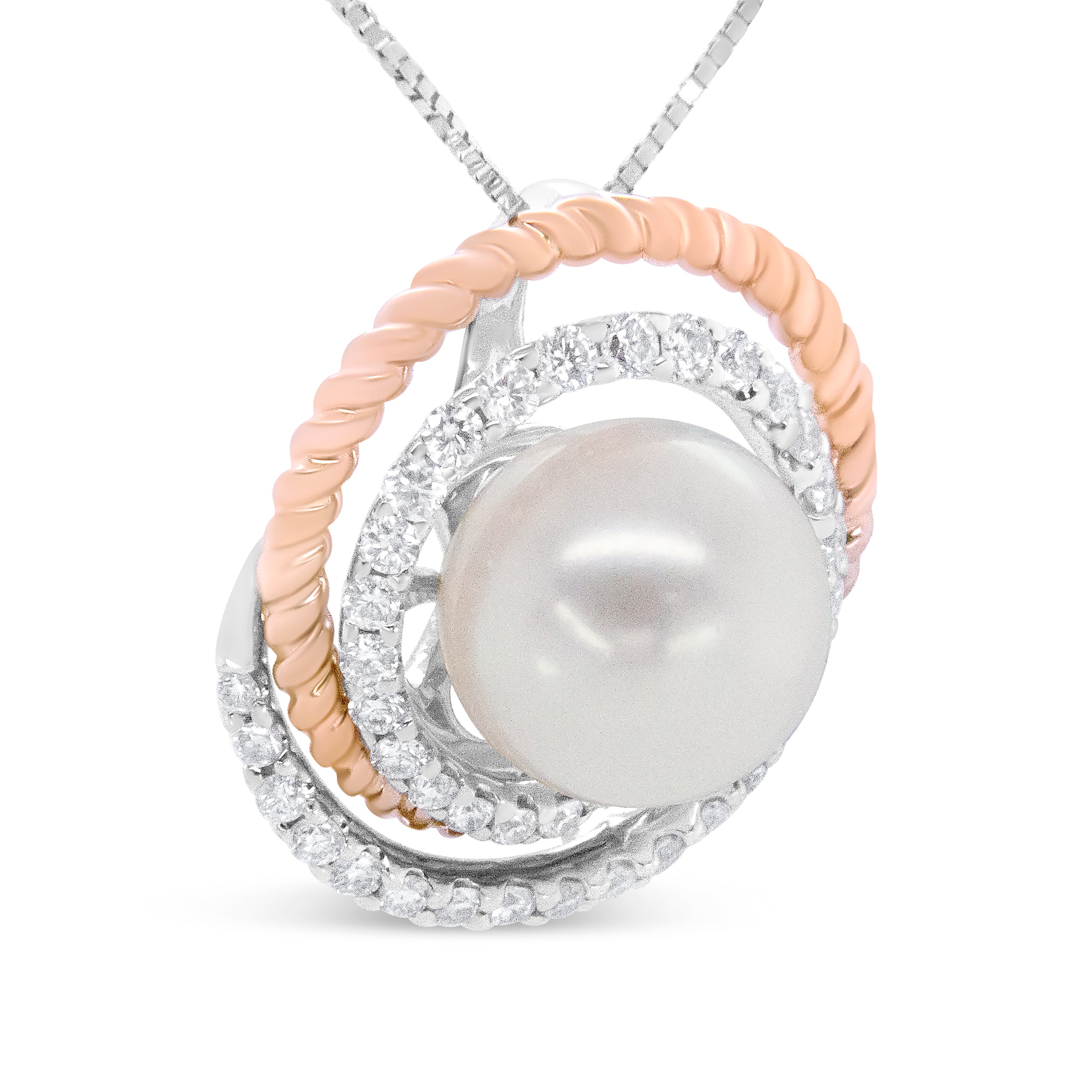14K Rose and White Gold 3/8 Cttw Pave Diamond and 9mm Round Pearl Spiral Openwork 18" Pendant Necklace- H-I Color, VS1-VS2 Clarity on sale at MyriadMart