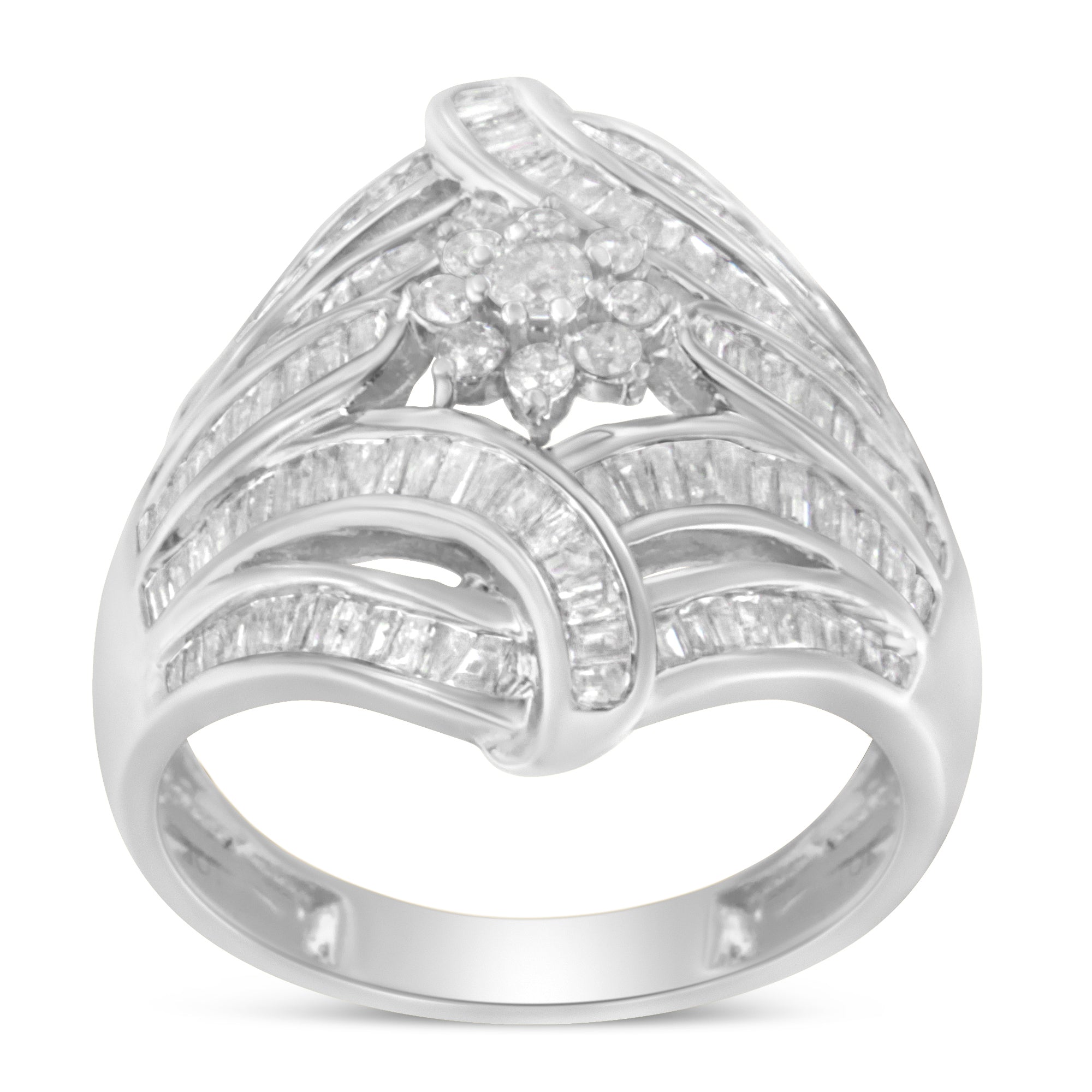 .925 Sterling Silver 1-1/8 Cttw Round & Baguette Diamond 'Flower & Fern' Cluster Cocktail Fashion Ring I-J Color, I2-I3 Clarity - Size 6 on sale at MyriadMart