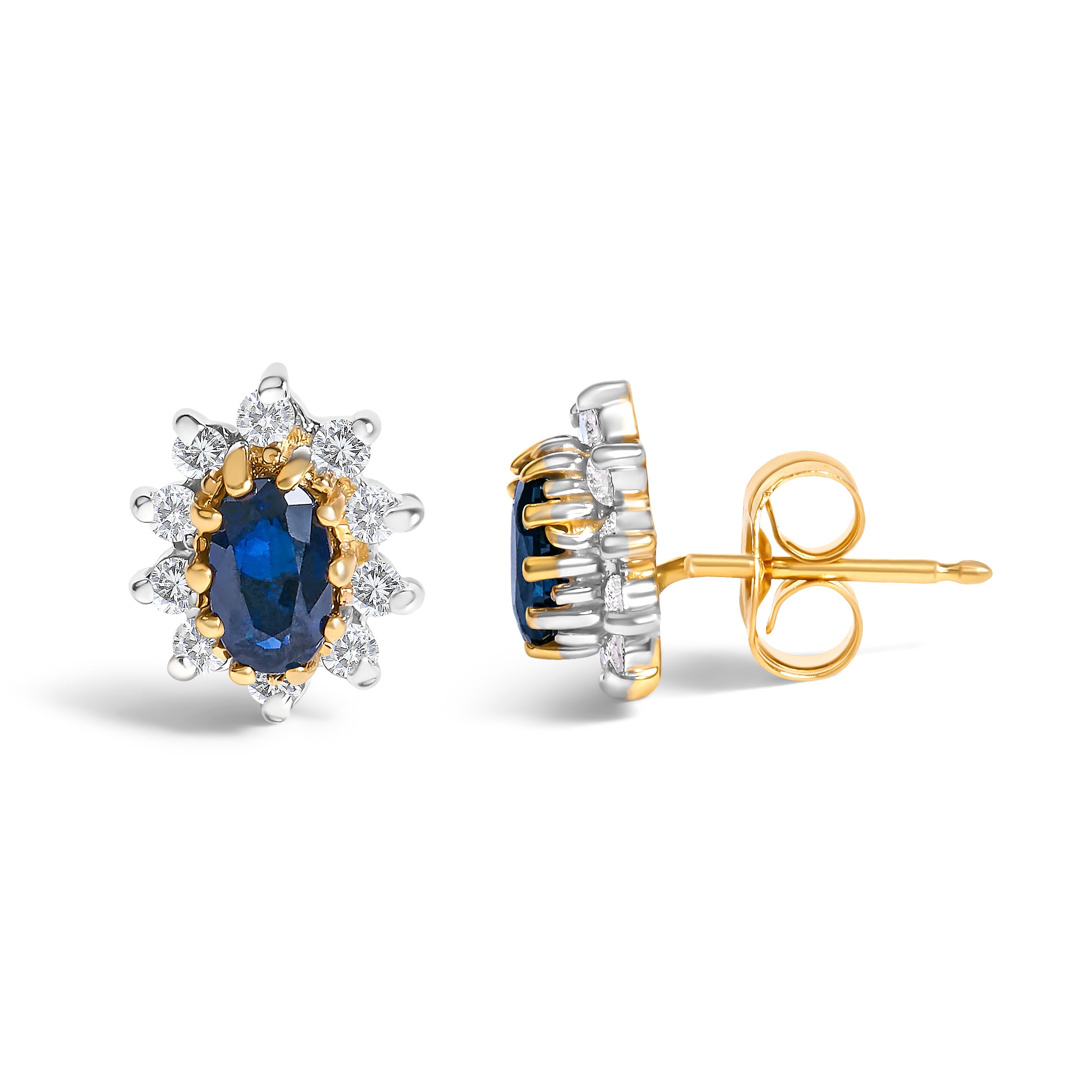 14K Yellow Gold 1/4 Cttw Diamond and Blue Sapphire Sunburst Halo Stud Earrings K-L Color, I1-I2 Clarity on sale at MyriadMart