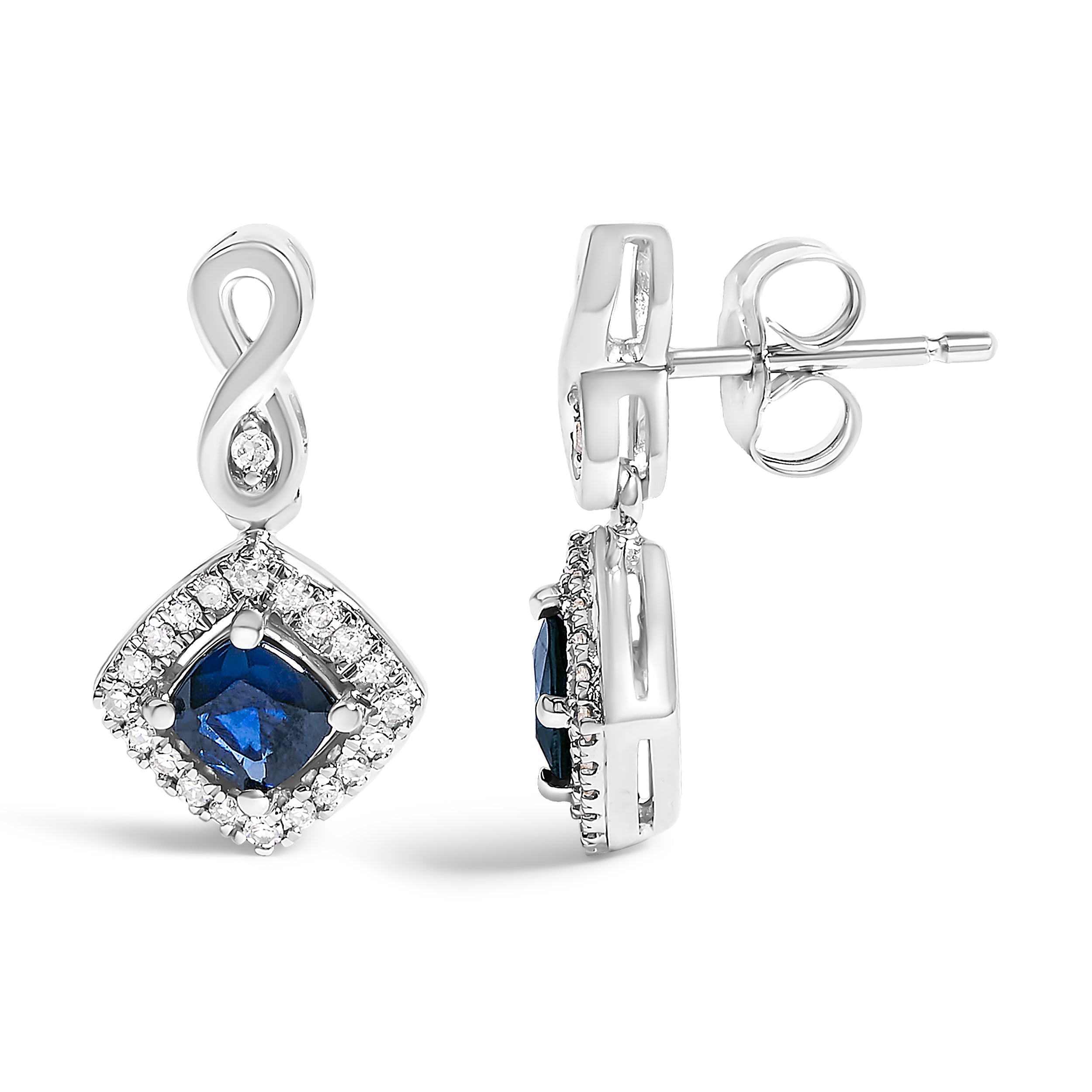 10K White Gold Blue Sapphire and Diamond Halo Cushion Shaped Drop Earrings I-J Color, I1-I2 Clarity on sale at MyriadMart