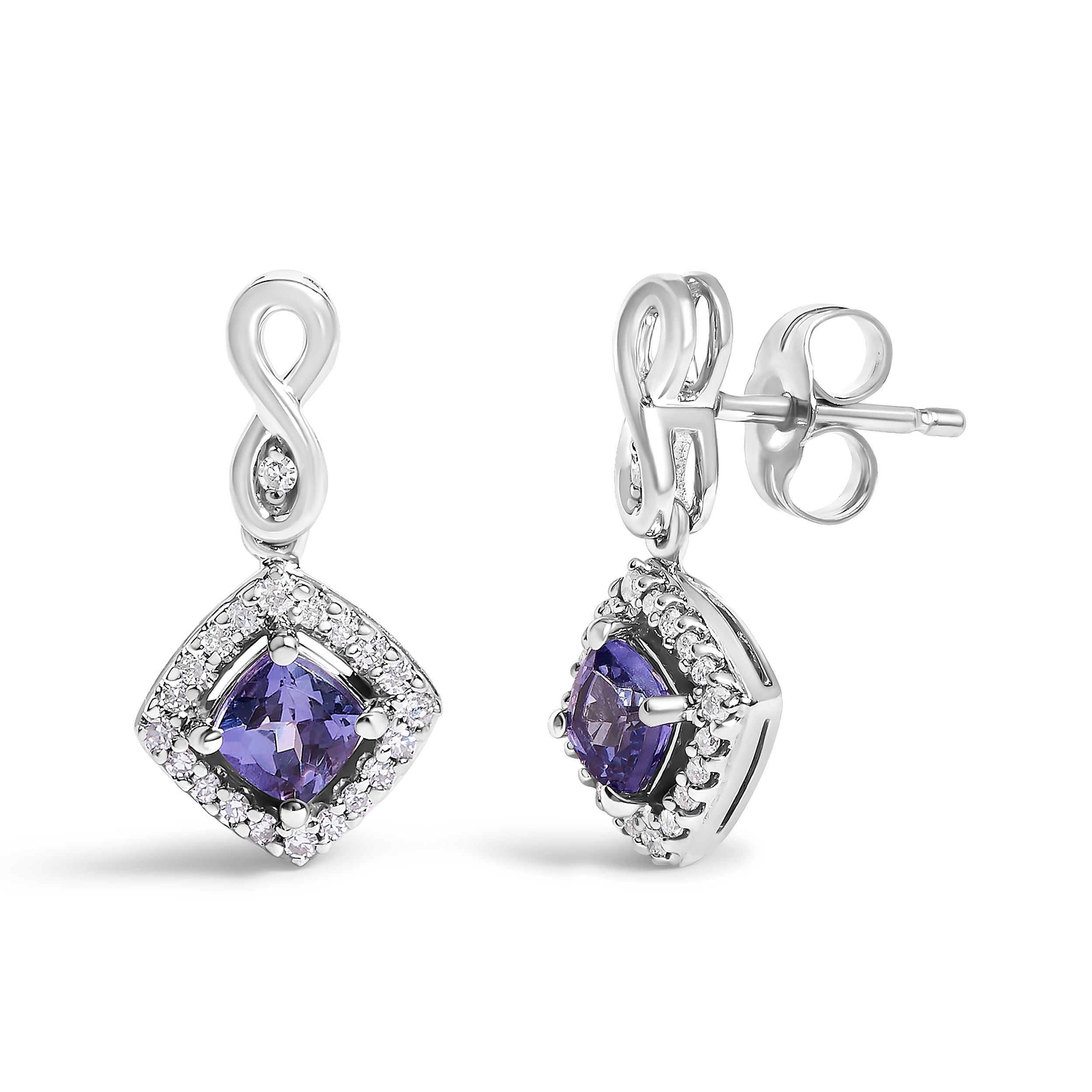 10K White Gold Blue Purple Tanzanite and Diamond Halo Cushion Shaped Drop Earrings I-J Color, I1-I2 Clarity on sale at MyriadMart