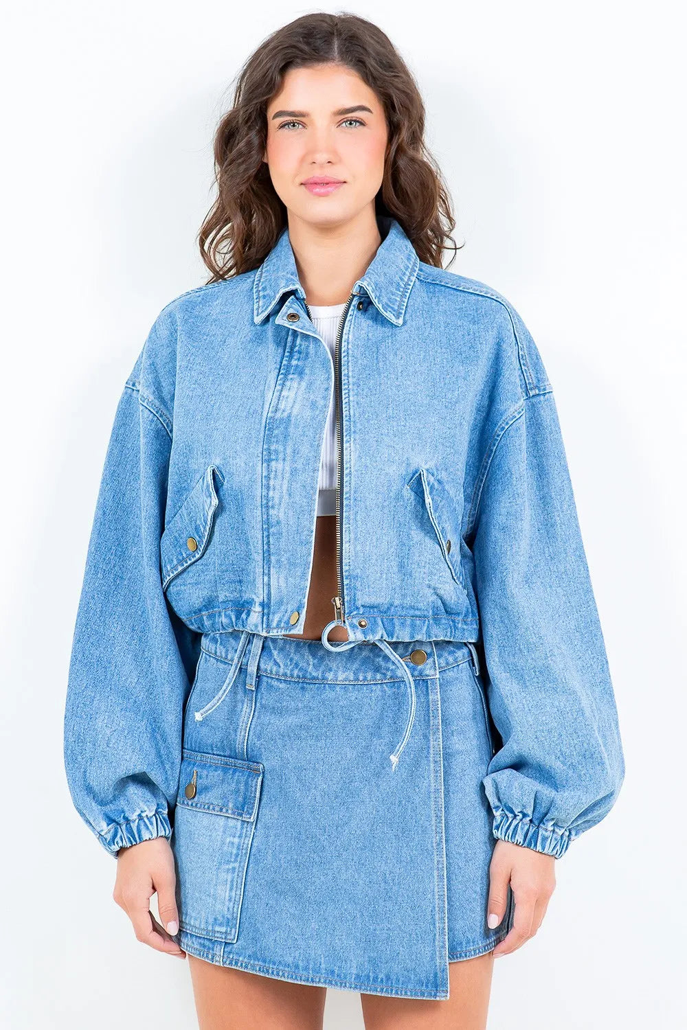 American Bazi Drawstring Waist Crop Denim Jacket - MyriadMart
