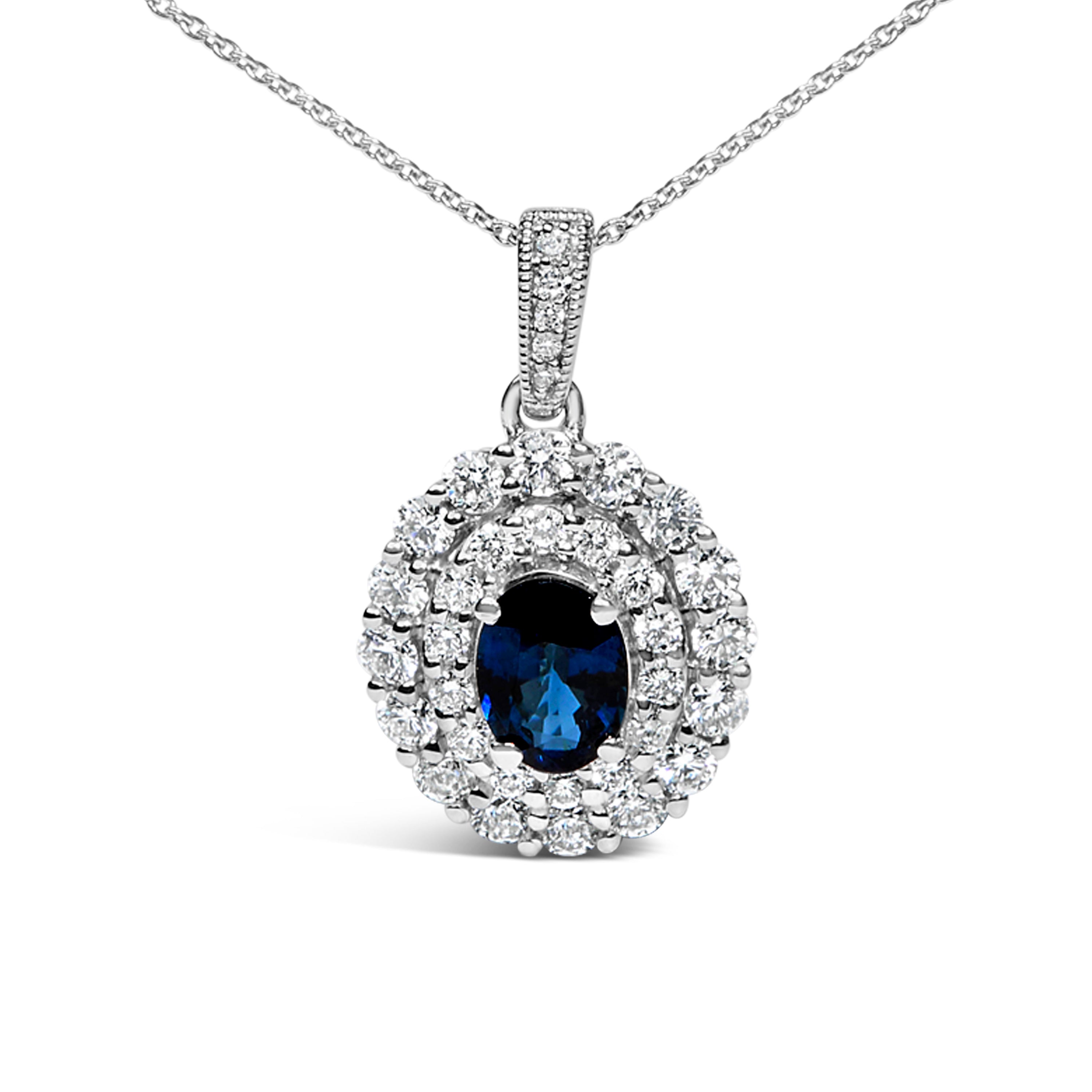 14K White Gold Oval Blue Sapphire and 3/4 Cttw Diamond Halo Pendant Necklace