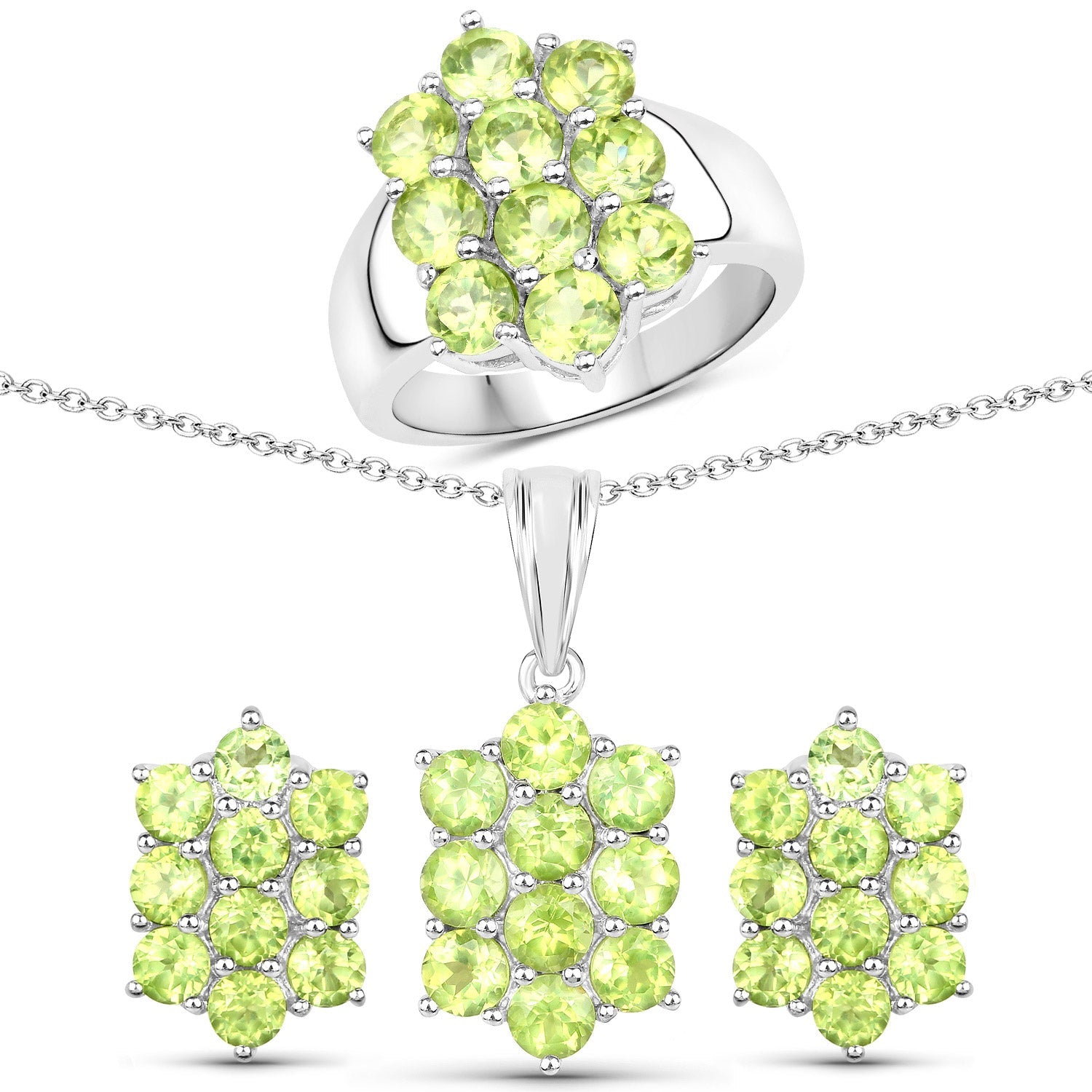 6.80 Carat Genuine Peridot .925 Sterling Silver 3 Piece Jewelry Set Ring, Earrings, and Pendant w/ Chain on sale at MyriadMart