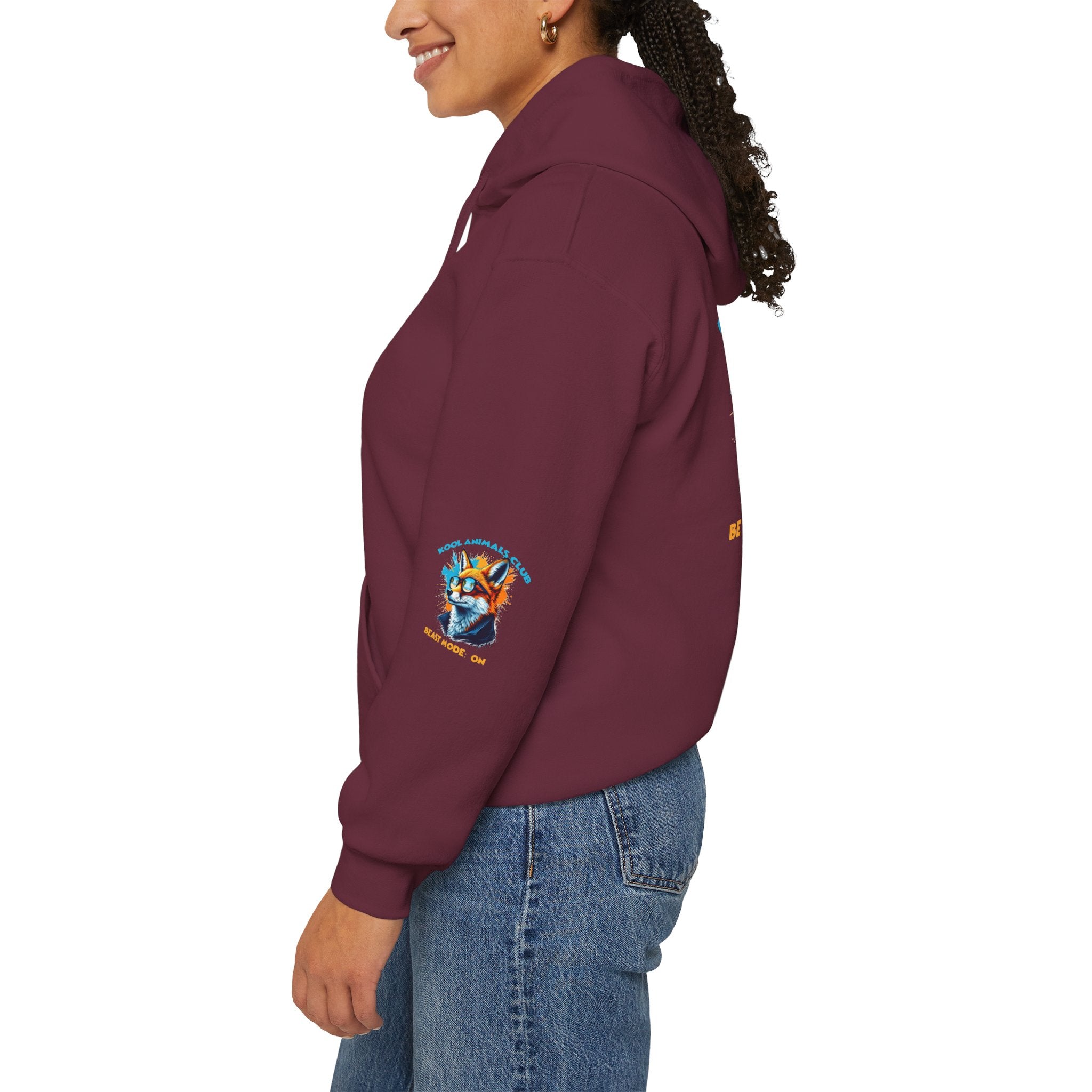 Kool Animals Club Hoodie with Cool Fox in Sunglasses and ‘Beast Mode On’ Design, Unisex Sweatshirt for Animal Lovers, Casual Streetwear, Perfect Gift for Holidays on sale at MyriadMart