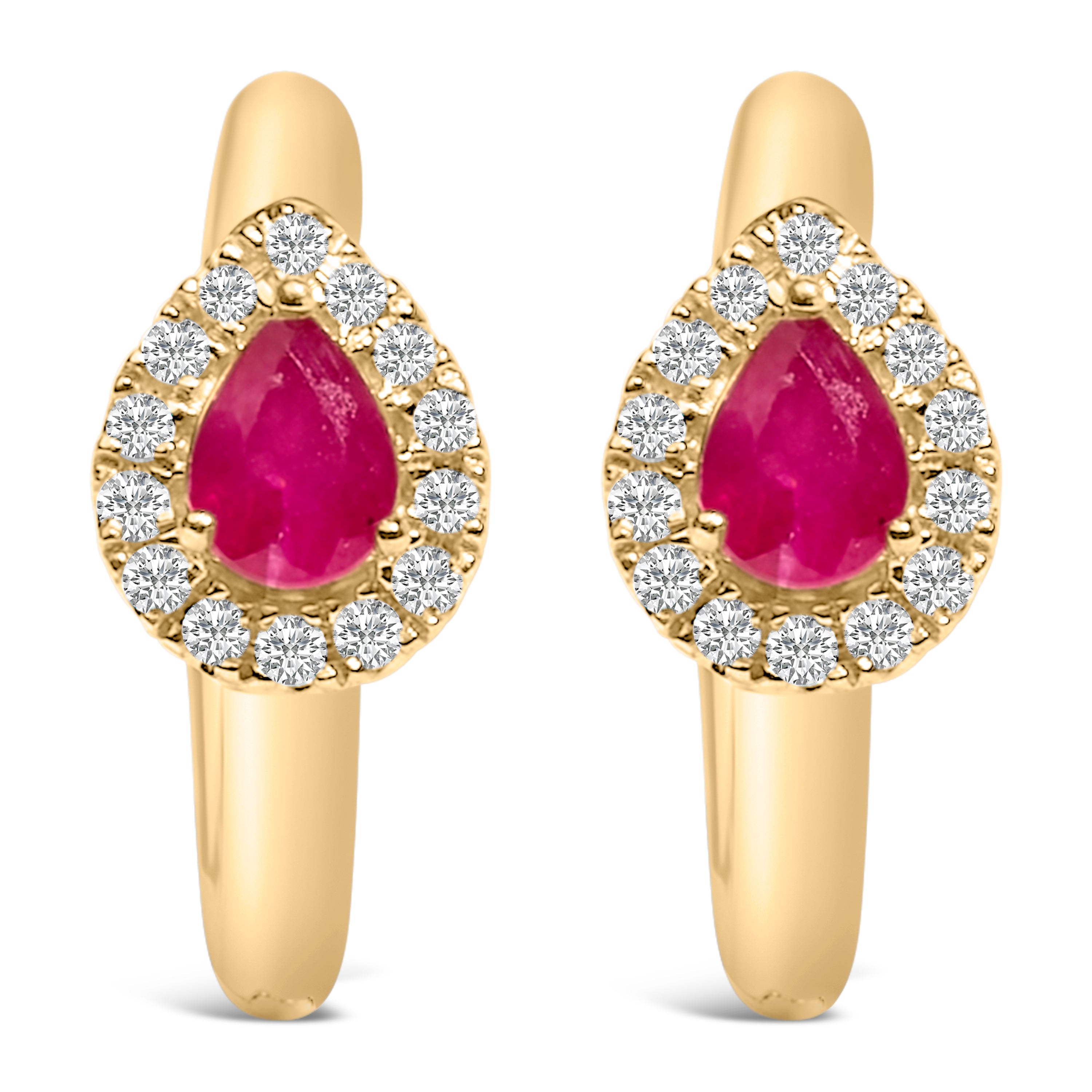 10K Yellow Gold Pear Cut Red Ruby 4x3 mm and 1/10 Cttw Round Diamond Huggy Earrings I-J Color, I1-I2 Clarity on sale at MyriadMart
