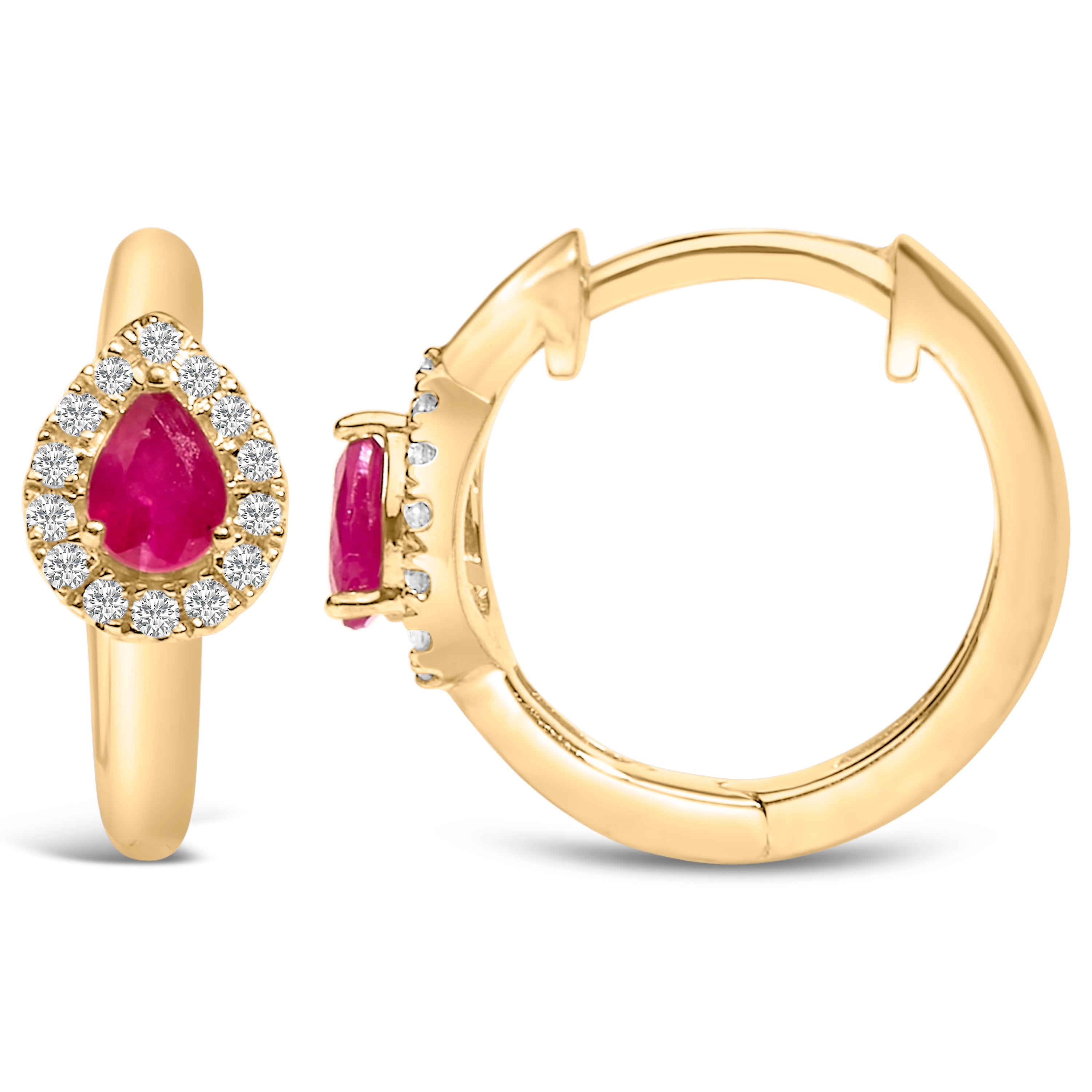 10K Yellow Gold Pear Cut Red Ruby 4x3 mm and 1/10 Cttw Round Diamond Huggy Earrings I-J Color, I1-I2 Clarity on sale at MyriadMart