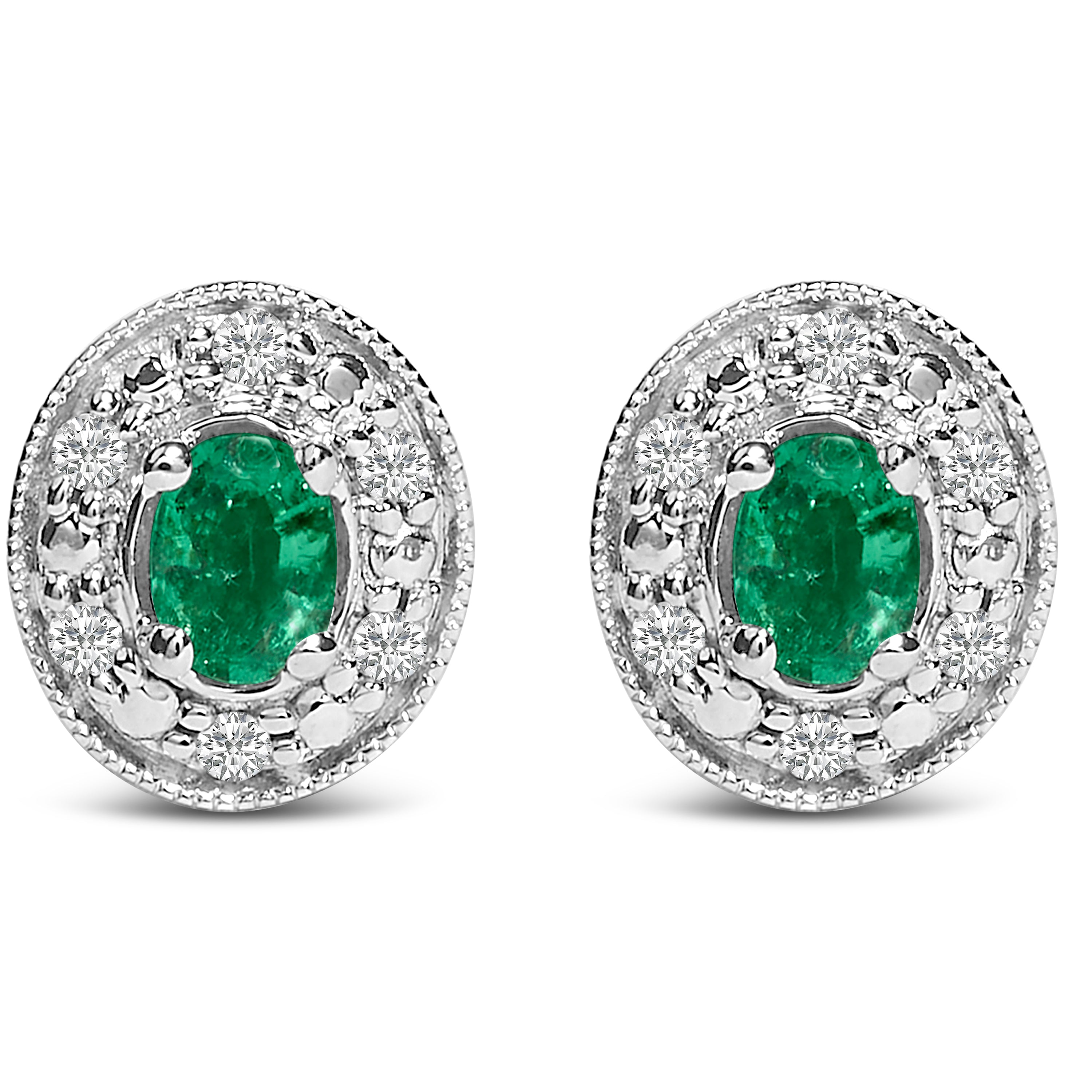14K White Gold Oval Green Emerald and 1/10 Cttw Diamond Halo Stud Earrings I-J Color, I1-I2 Clarity on sale at MyriadMart