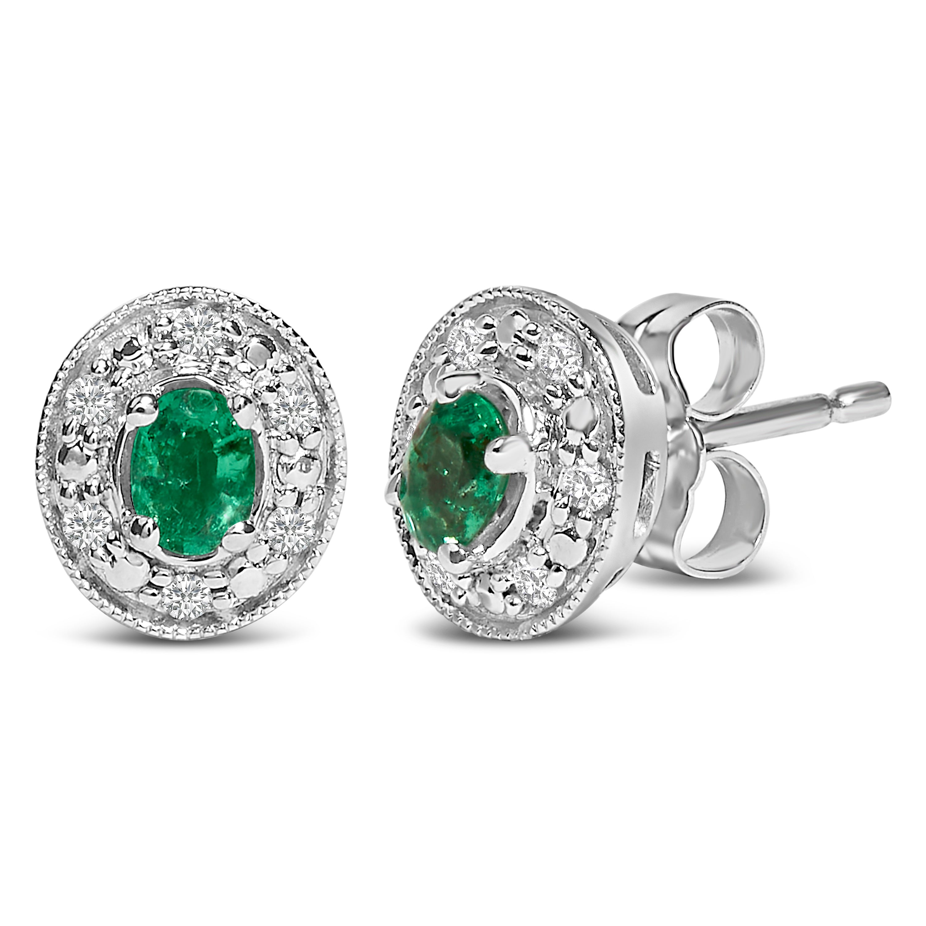 14K White Gold Oval Green Emerald and 1/10 Cttw Diamond Halo Stud Earrings I-J Color, I1-I2 Clarity on sale at MyriadMart