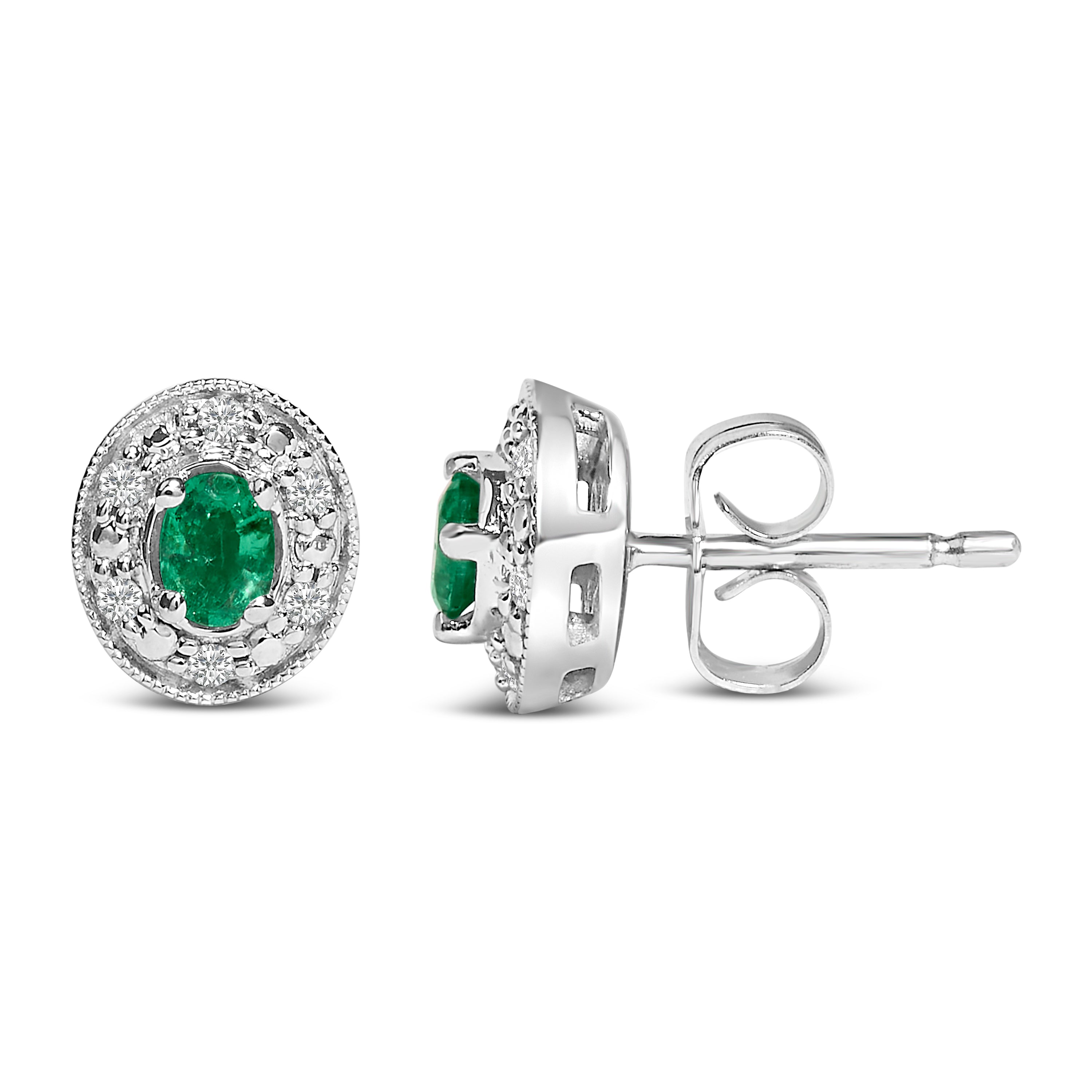 14K White Gold Oval Green Emerald and 1/10 Cttw Diamond Halo Stud Earrings I-J Color, I1-I2 Clarity on sale at MyriadMart