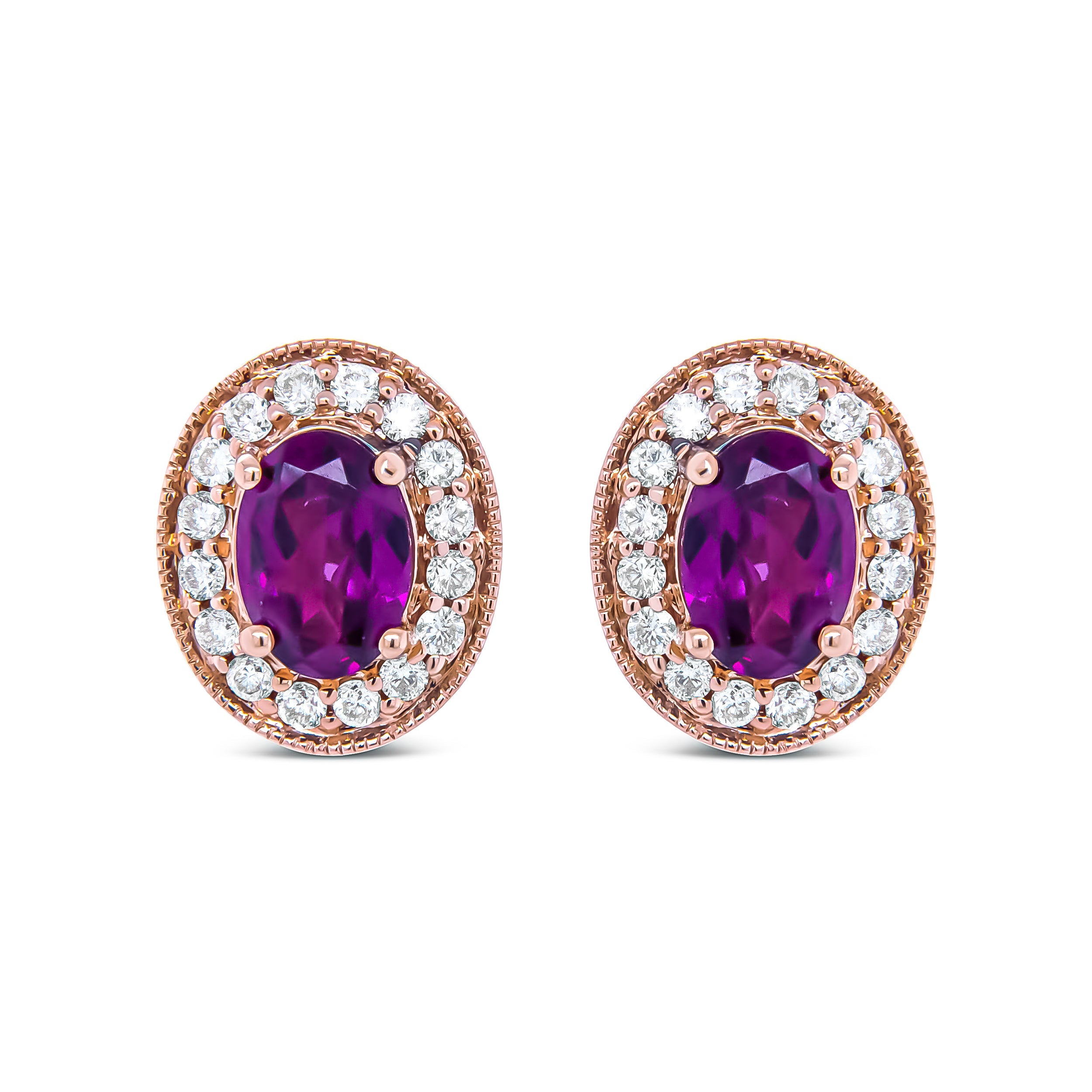 14K Rose Gold 7x5mm Oval Cut Garnet and 3/8 Cttw Round Diamond Halo Stud Earrings G-H Color, SI1-SI2 Clarity on sale at MyriadMart