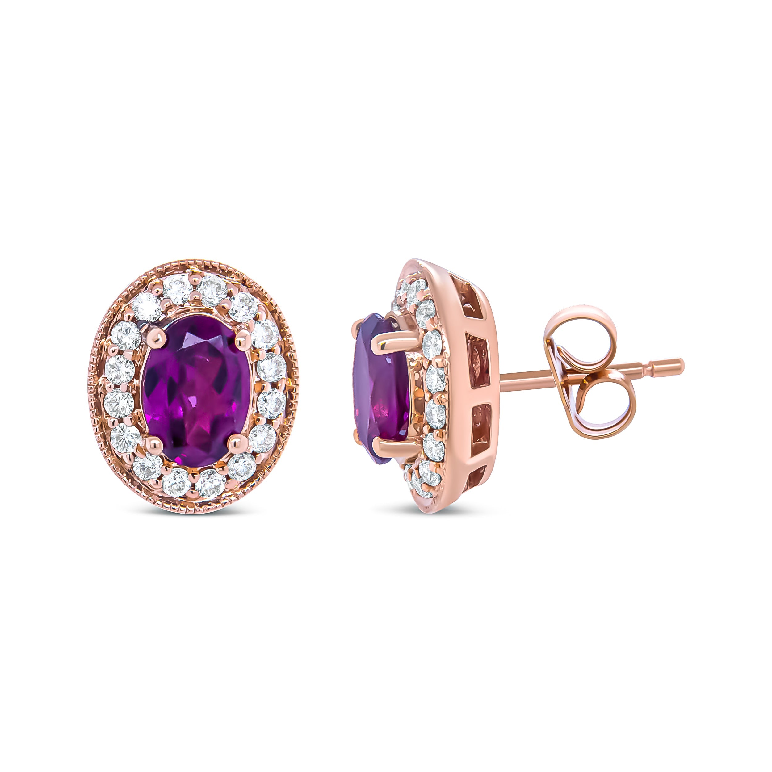 14K Rose Gold 7x5mm Oval Cut Garnet and 3/8 Cttw Round Diamond Halo Stud Earrings G-H Color, SI1-SI2 Clarity on sale at MyriadMart