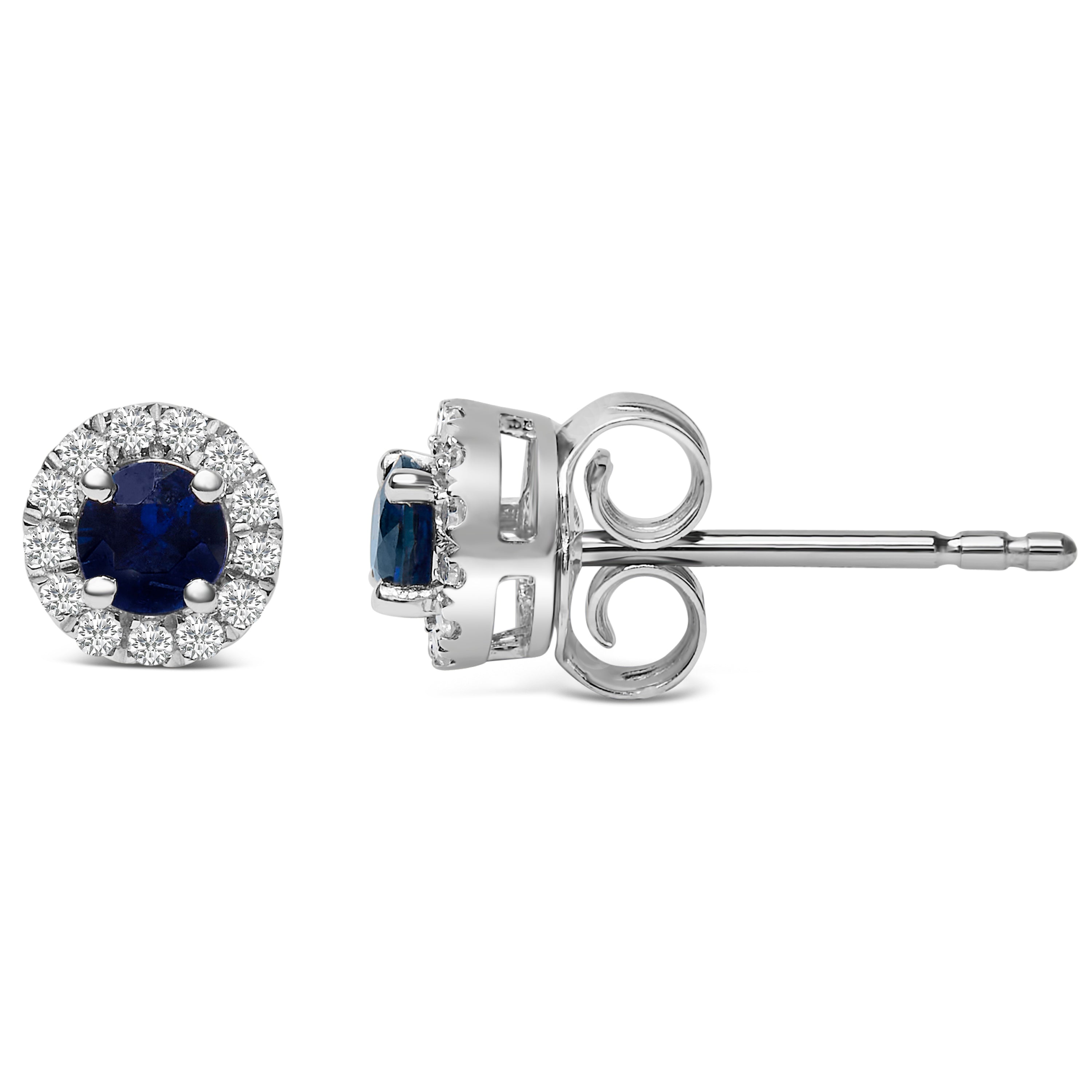 10K White Gold 3.25mm x 3.25mm Round Blue Sapphire and 1/10 Cttw Diamond Halo Stud Earrings I-J Color, I1-I2 Clarity on sale at MyriadMart