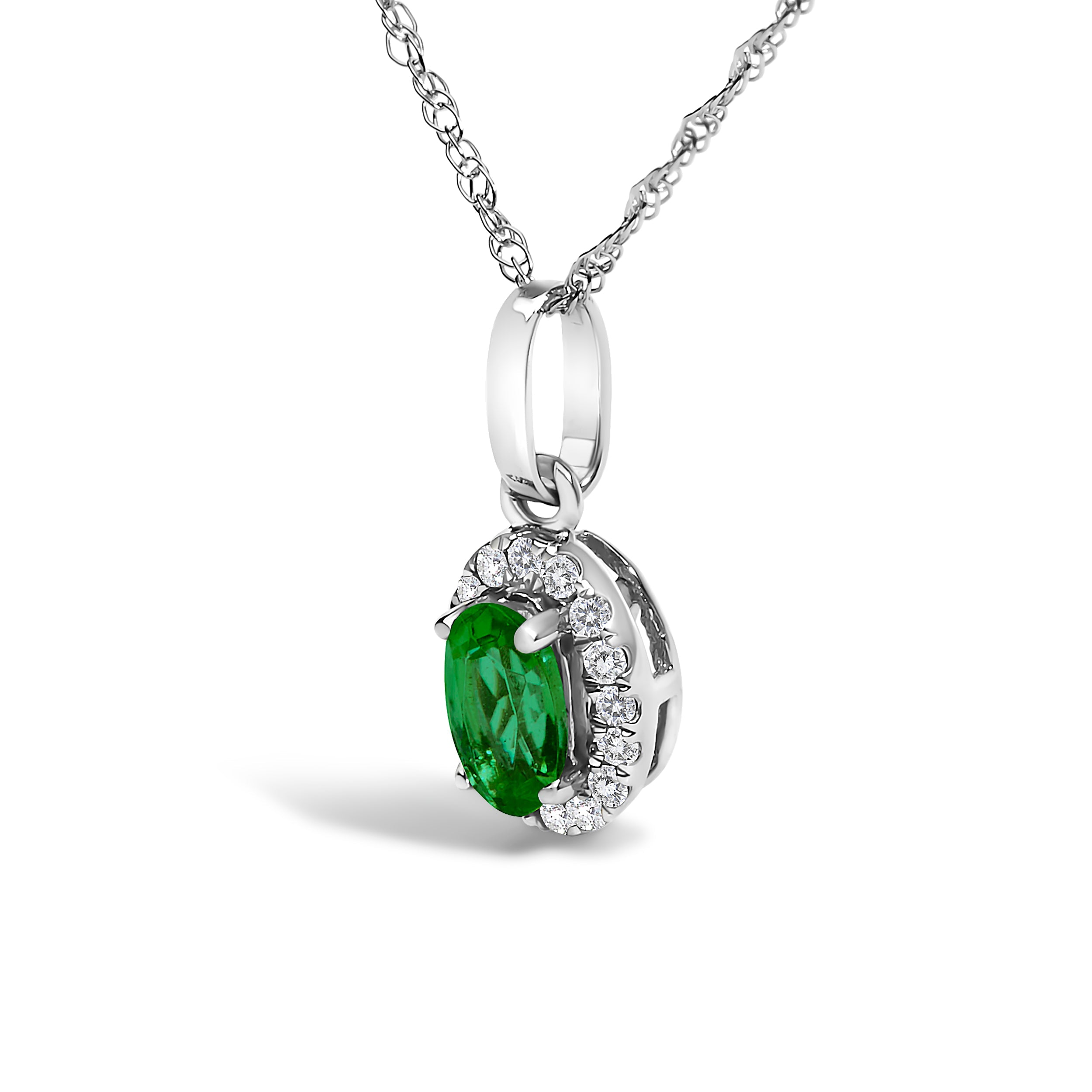 10K White Gold 5x3mm Green Emerald and Diamond Accent Halo Oval Shape 18" Pendant Necklace I-J Color, I1-I2 Clarity on sale at MyriadMart