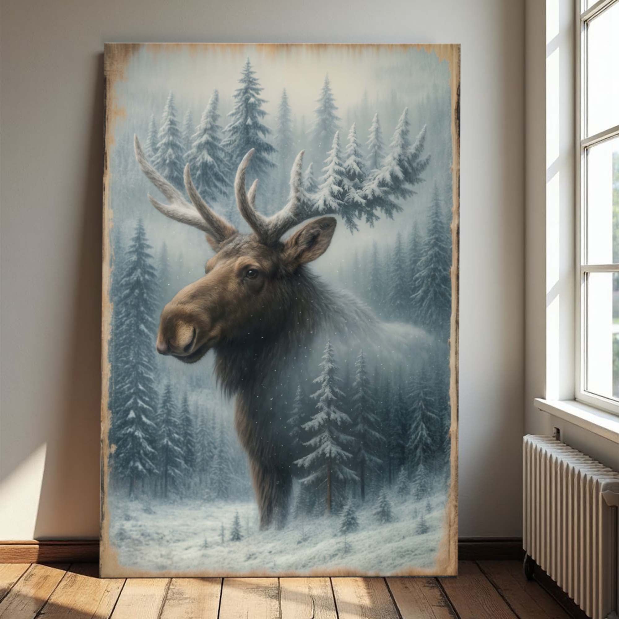 Snowy Forest Moose Double Exposure Wall Art on sale at MyriadMart
