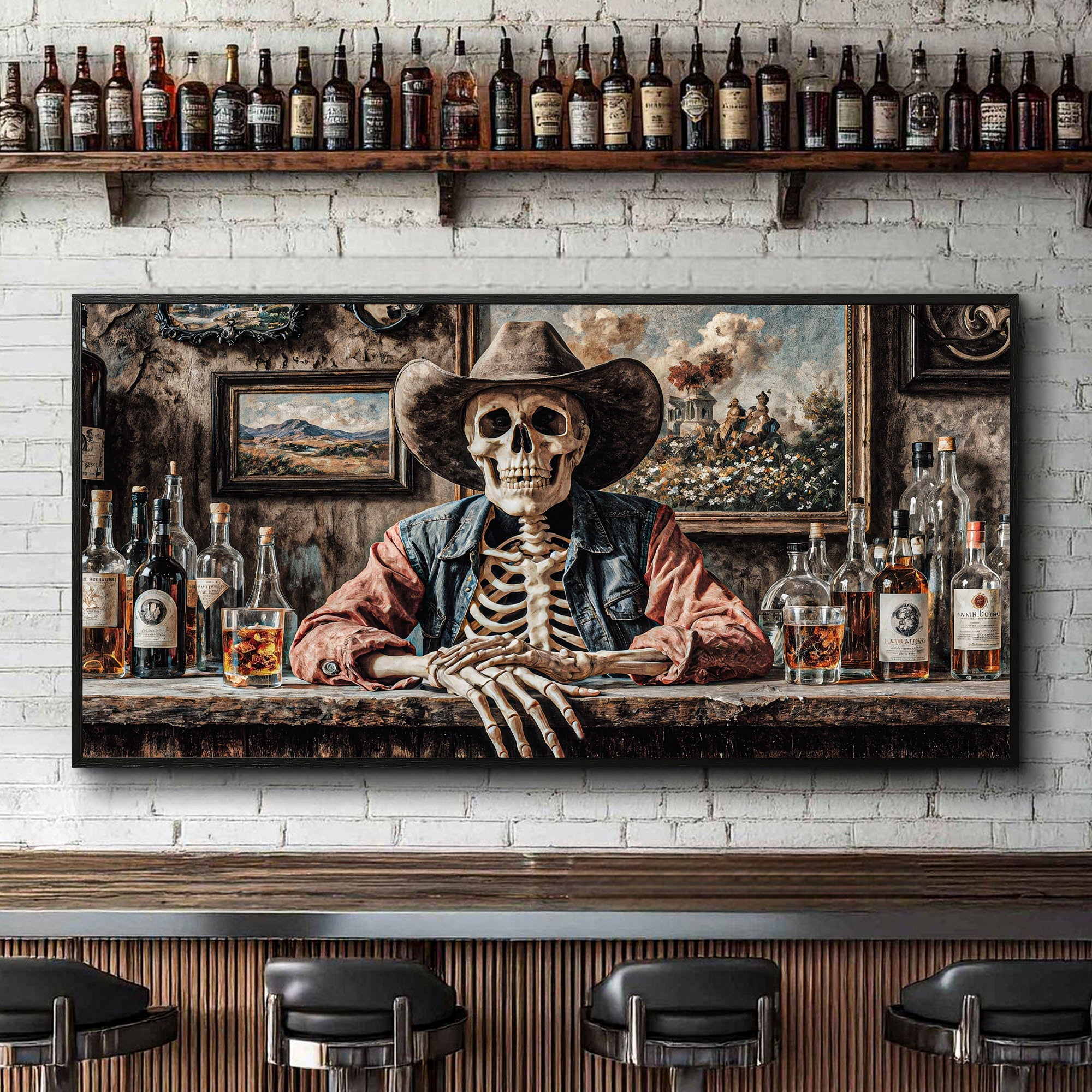 Skeleton Cowboy Barman At Western Saloon Wall Art on sale at MyriadMart