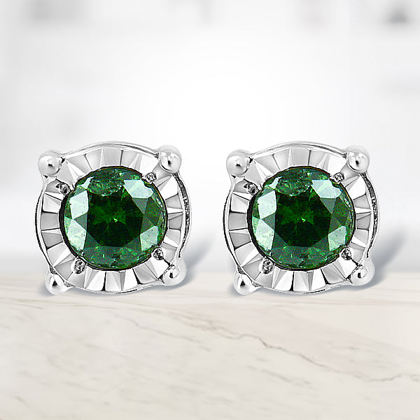 Sterling Silver Rose Cut Treated Green Diamond Solitaire Stud Earrings 0.25 cttw, Green Color, I2-I3 Clarity on sale at MyriadMart