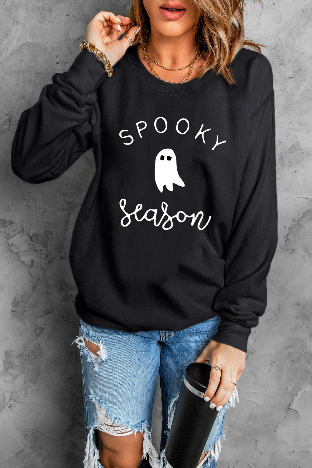 Round Neck Long Sleeve SPOOKY SEASON Graphic Sweatshirt - MyriadMart