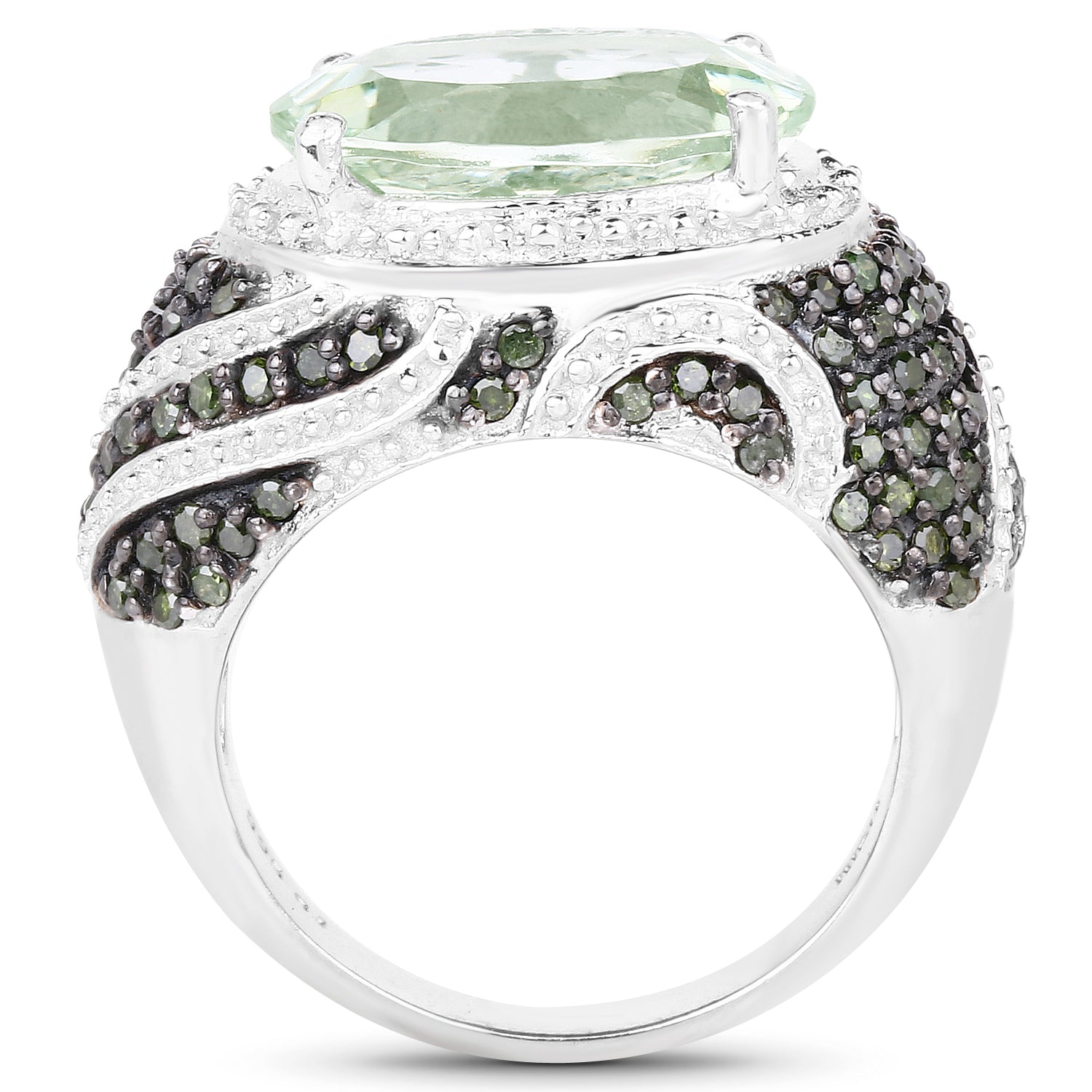 5.98 Carat Genuine Green Amethyst & Green Diamond .925 Sterling Silver Ring on sale at MyriadMart