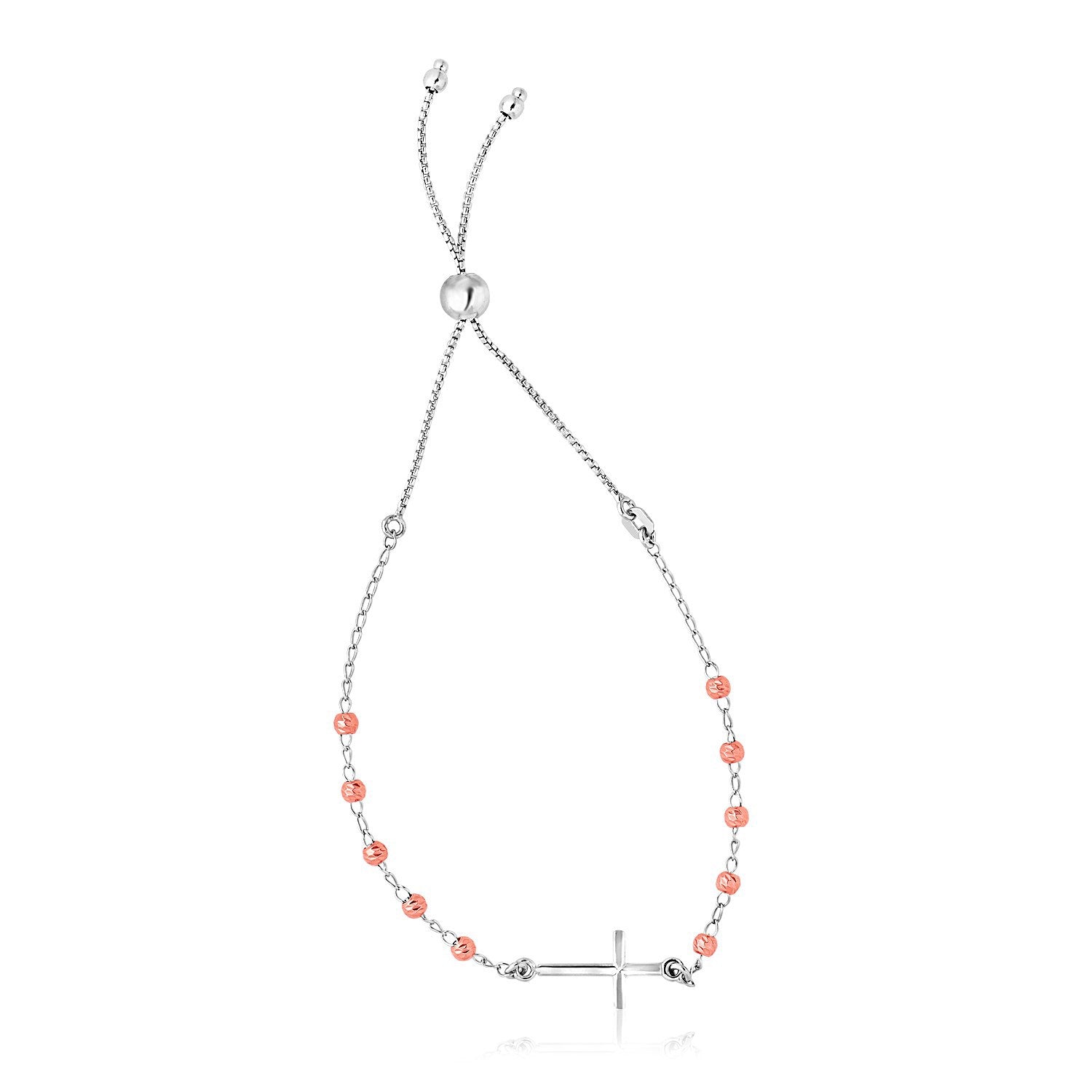 Sterling Silver White and Rose Finish Adjustable Bracelet with Cross on sale at MyriadMart