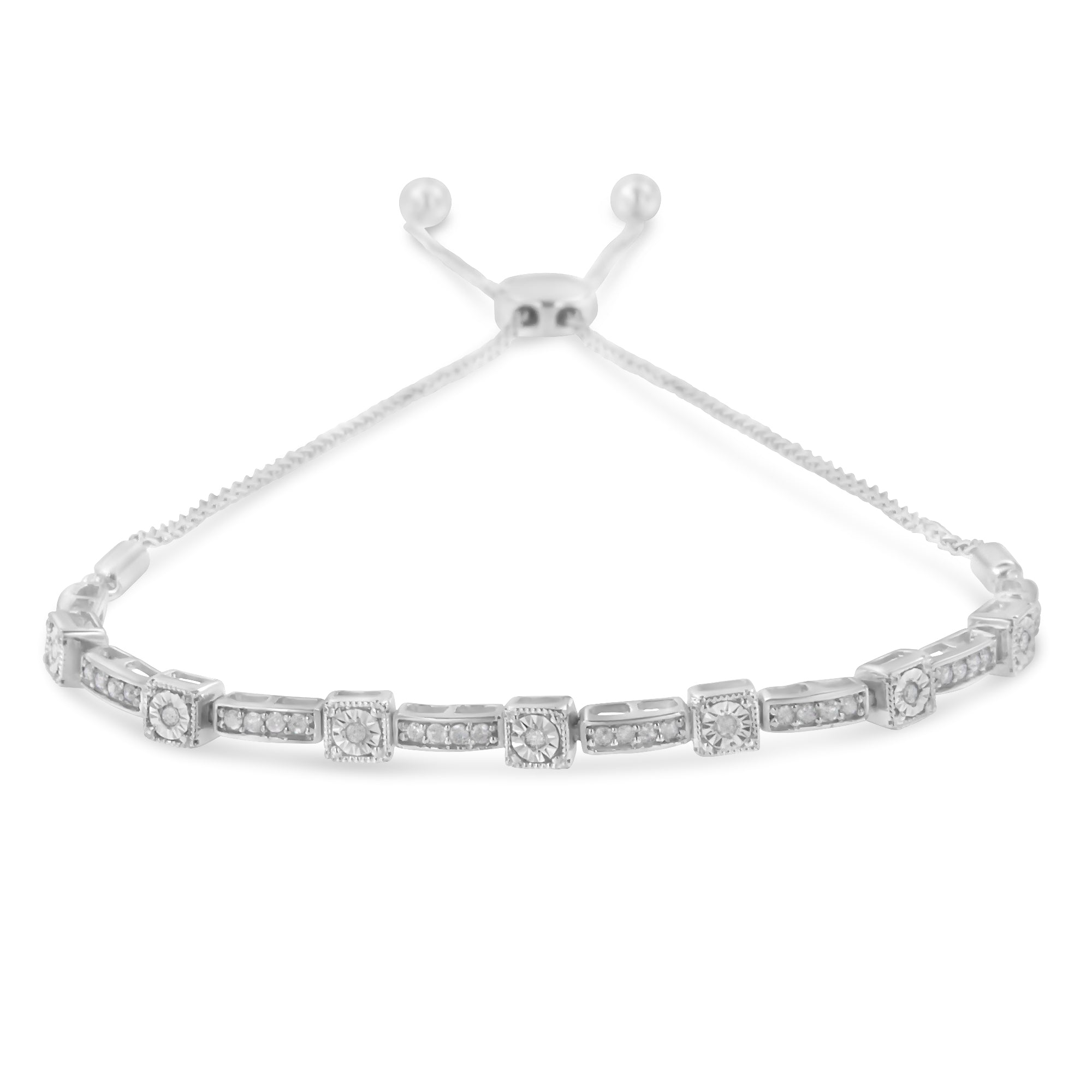 .925 Sterling Silver 1/4 Cttw Diamond 4â€-10†Adjustable Bolo Alternating Square and Rectangle Bolo Bracelet (I-J Color, I3 Clarity)