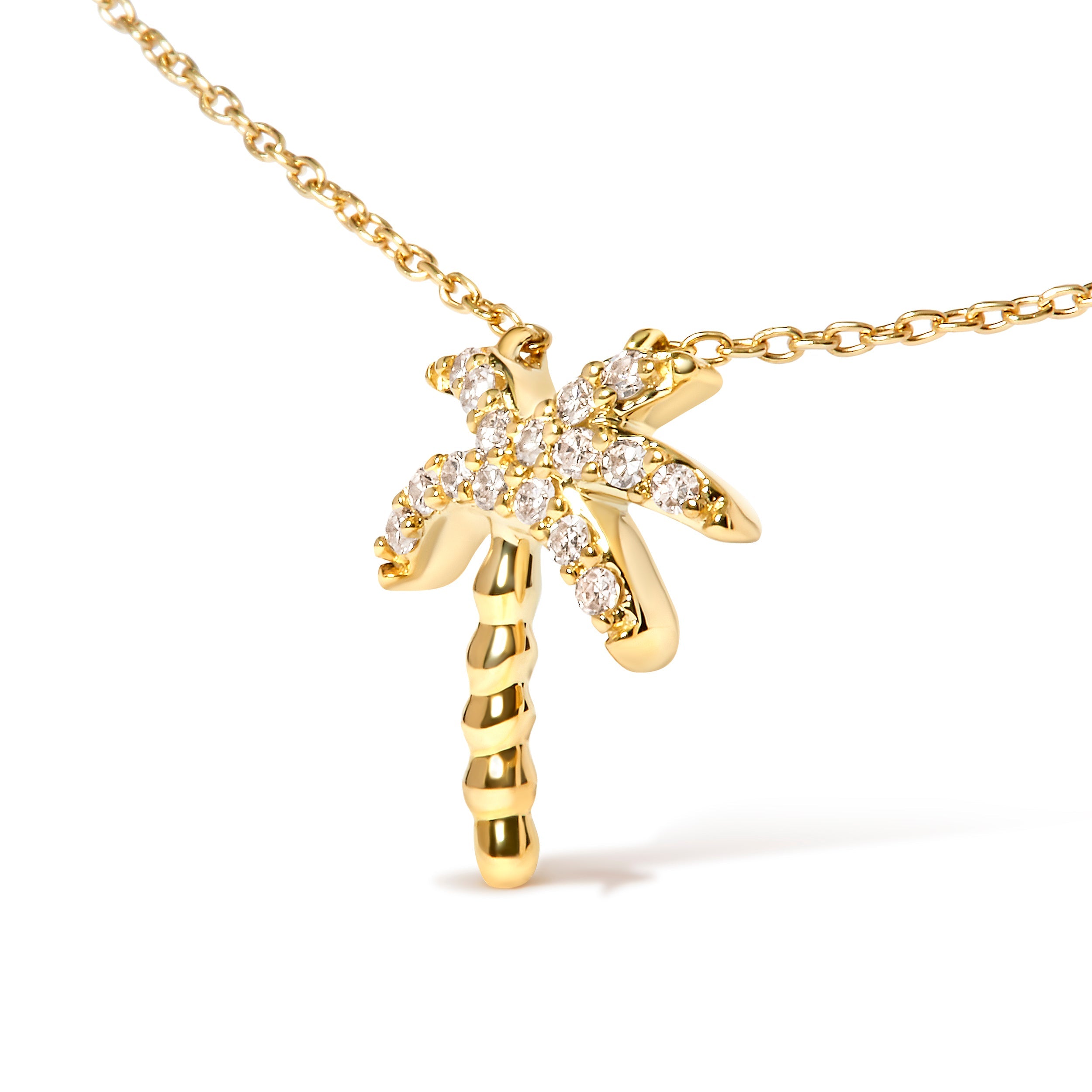 10K Yellow Gold 1/10 Cttw Round Diamond Palm Tree 18" Inch Pendant Necklace H-I Color, I1-I2 Clarity on sale at MyriadMart