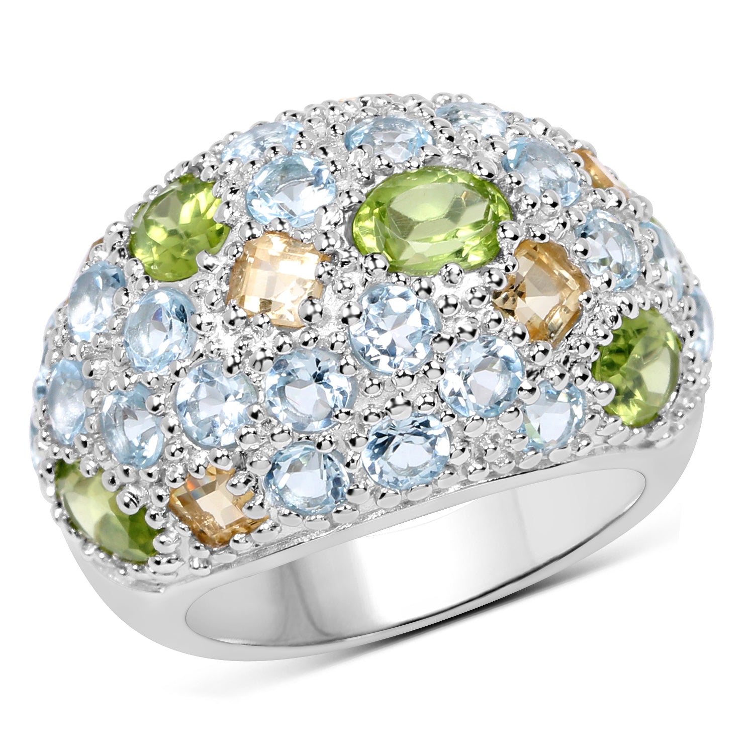 11.38 Carat Genuine Peridot, Citrine and Blue Topaz .925 Sterling Silver Ring on sale at MyriadMart