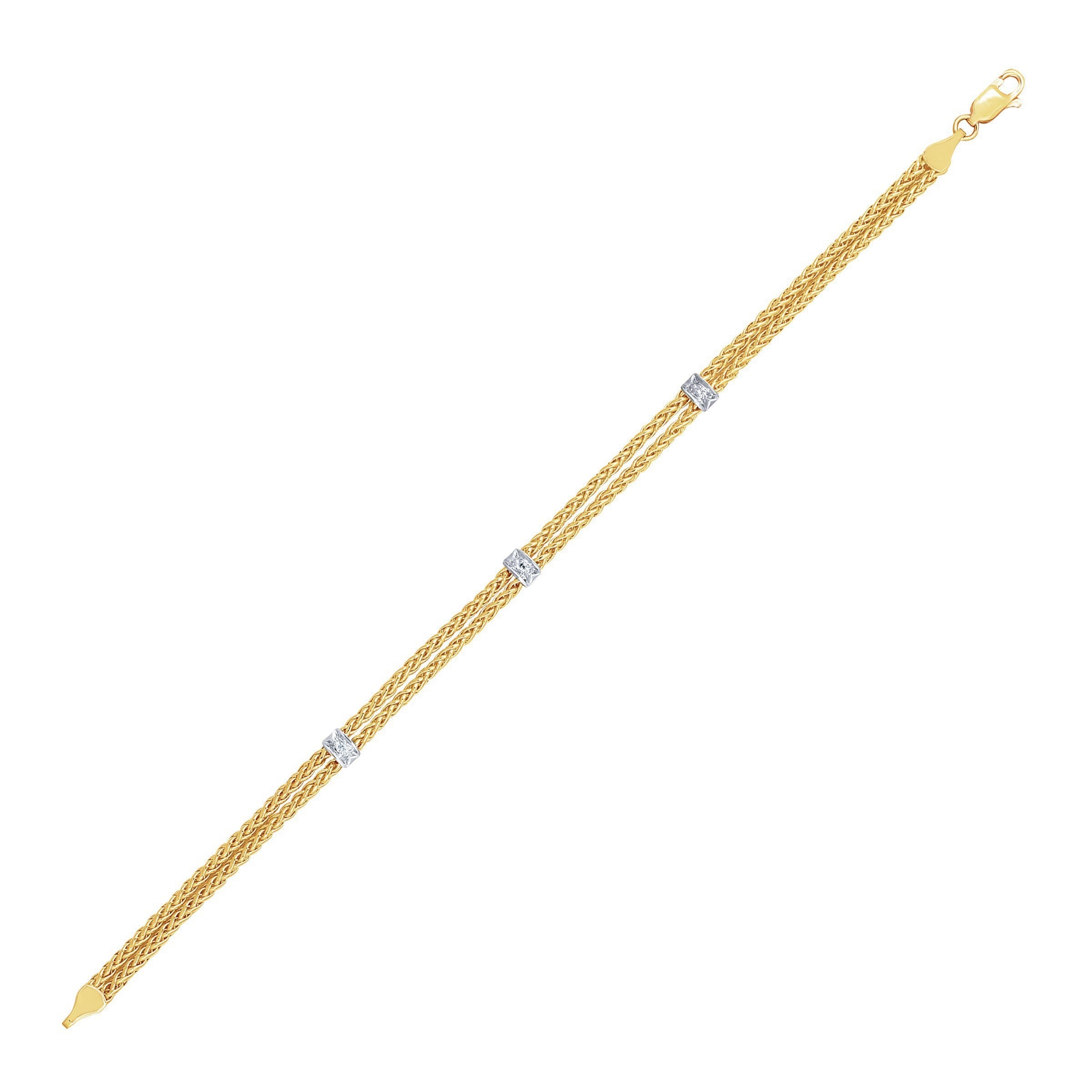 14k Two-Tone Gold Dual Wheat Chain Bracelet with Diamond Stations .02 cttw on sale at MyriadMart