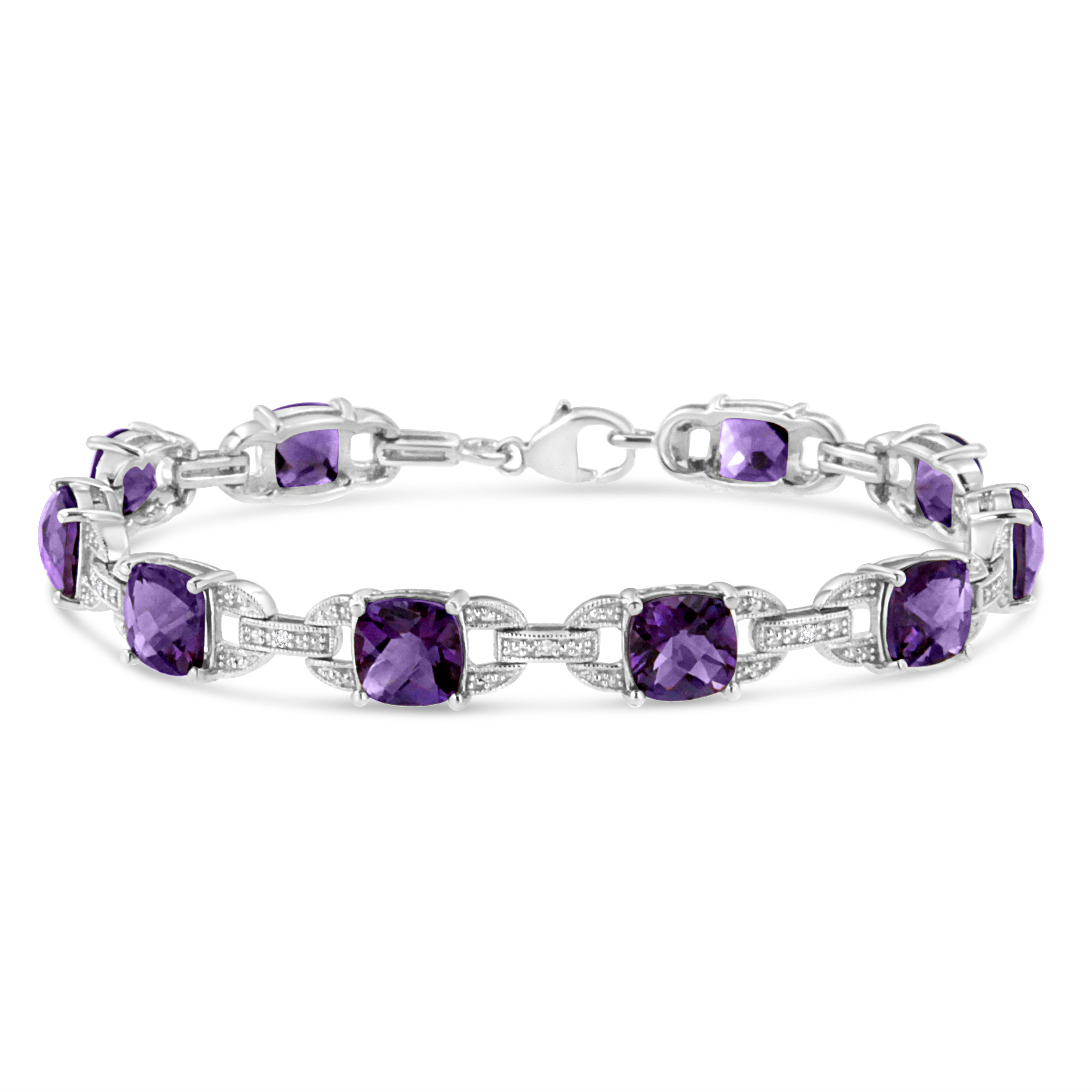 .925 Sterling Silver 7mm Cushion Cut Amethyst Gemstone and Diamond Tennis Link Bracelet I-J Color, I1-I2 Clarity - Size 7" on sale at MyriadMart