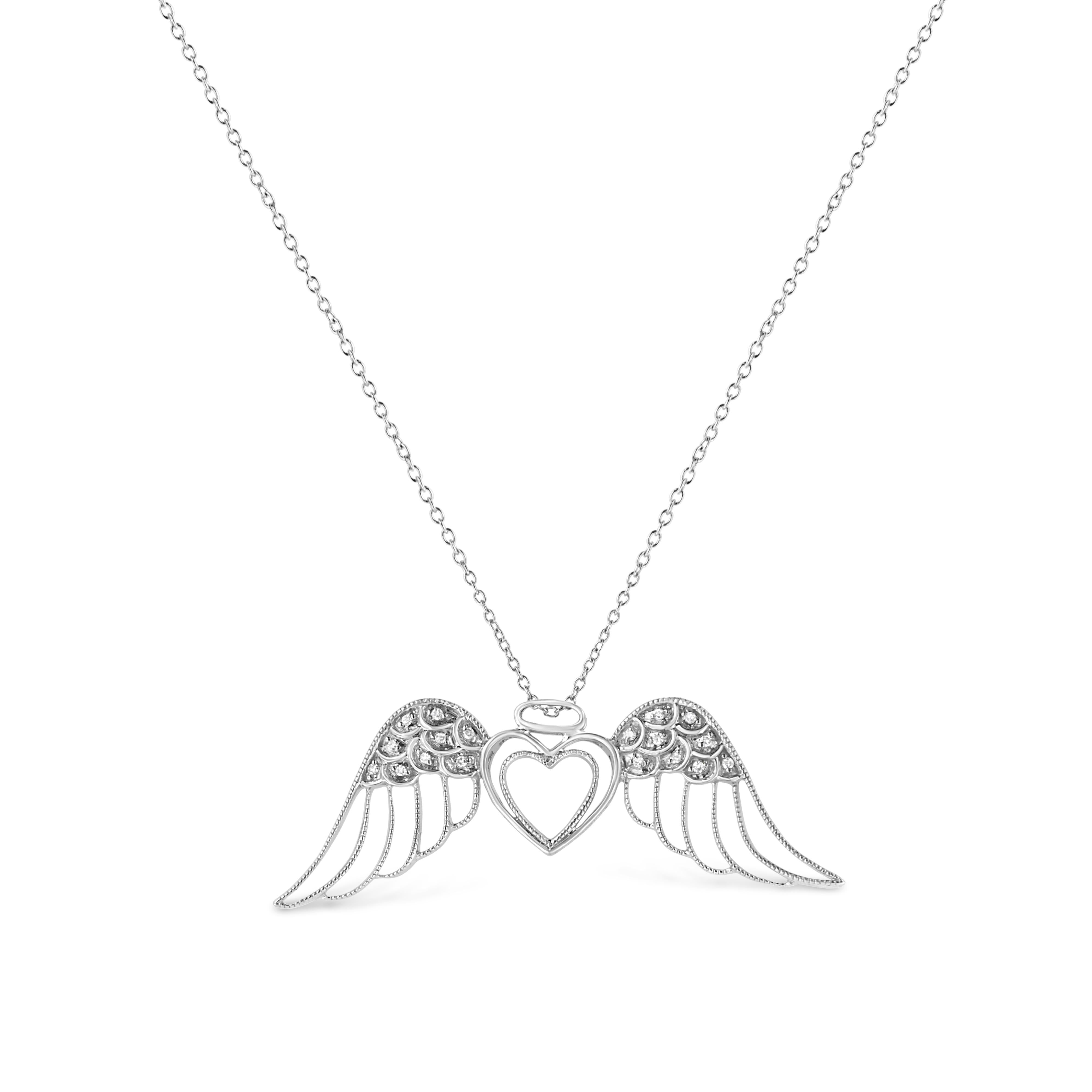 .925 Sterling Silver Pave-Set Diamond Accent Angel Wing 18" Double Heart Pendant Necklace I-J Color, I1-I2 Clarity on sale at MyriadMart