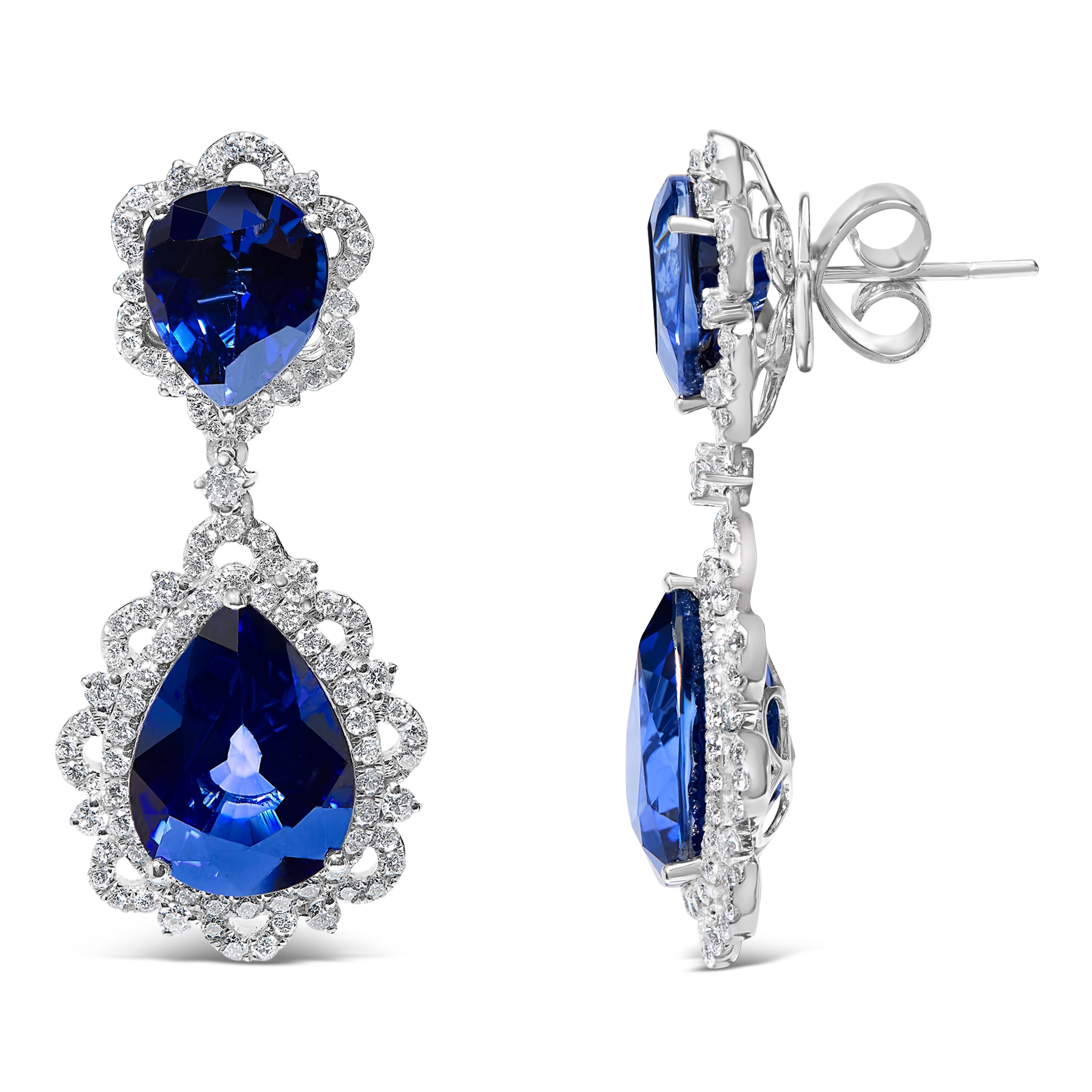 18K White Gold Blue Sapphire and Diamond 2.00 Cttw Diamond Halo Drop and Dangle Earring G-H Color, SI1-SI2 Clarity on sale at MyriadMart