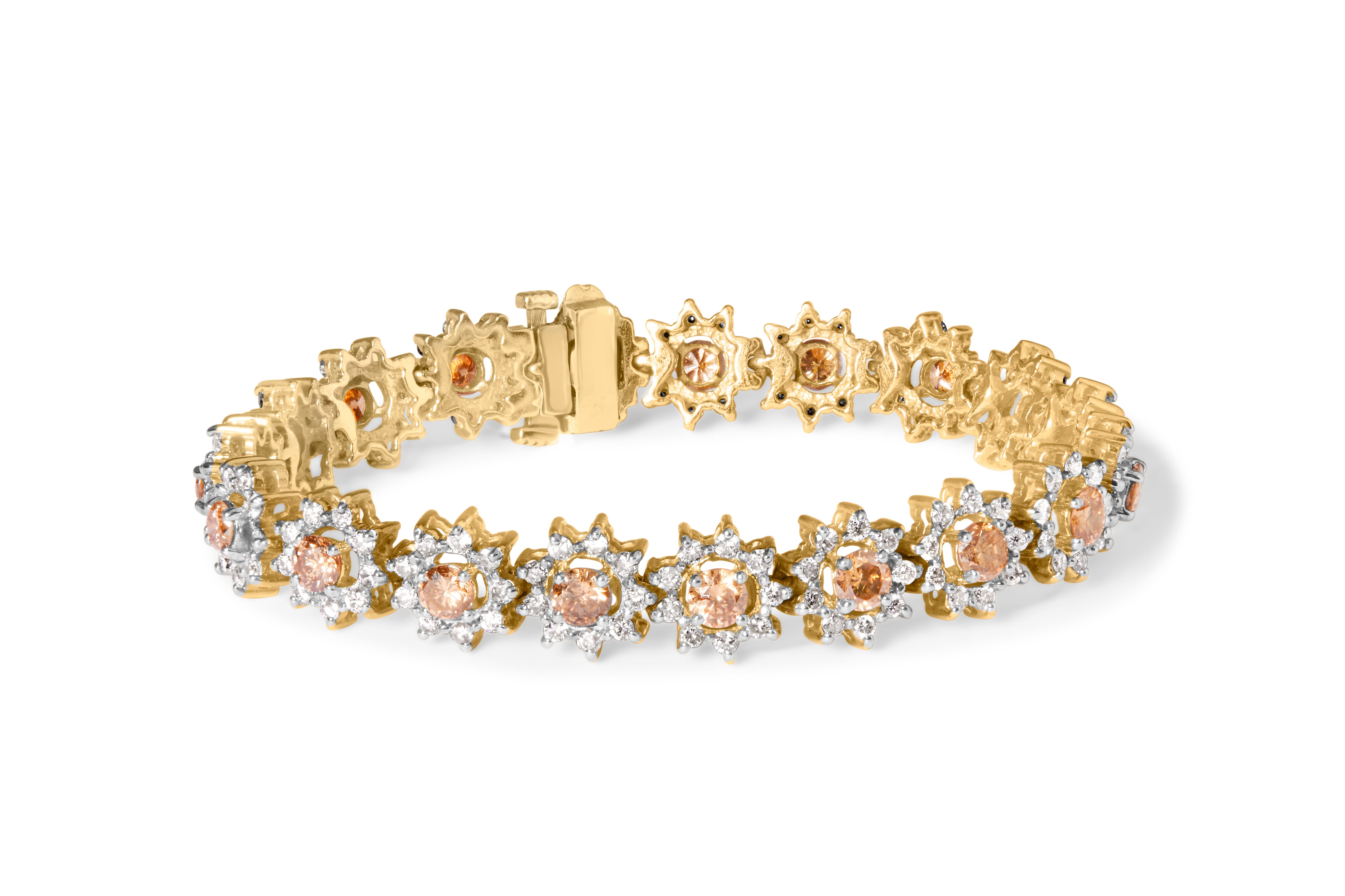 14K Yellow Gold 8.00 Cttw Champagne Diamond Floral Cluster Halo Link Bracelet H-I Color, I1-I2 Clarity on sale at MyriadMart