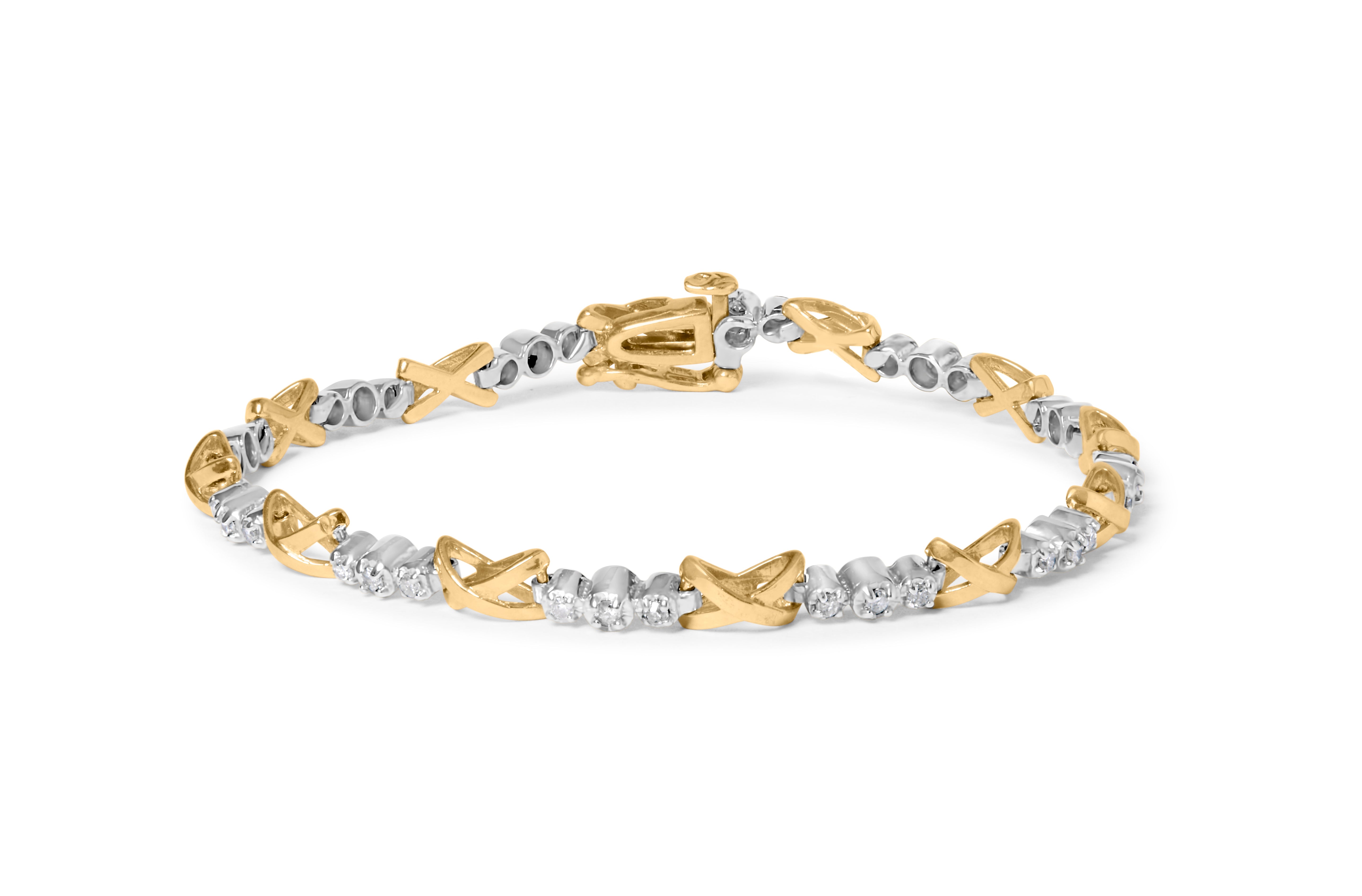 10K Two-Tone Gold 1/2 Cttw Diamond Alternating 3 Stone and X-Link 7" Bracelet I-J Color, I2-I3 Clarity on sale at MyriadMart