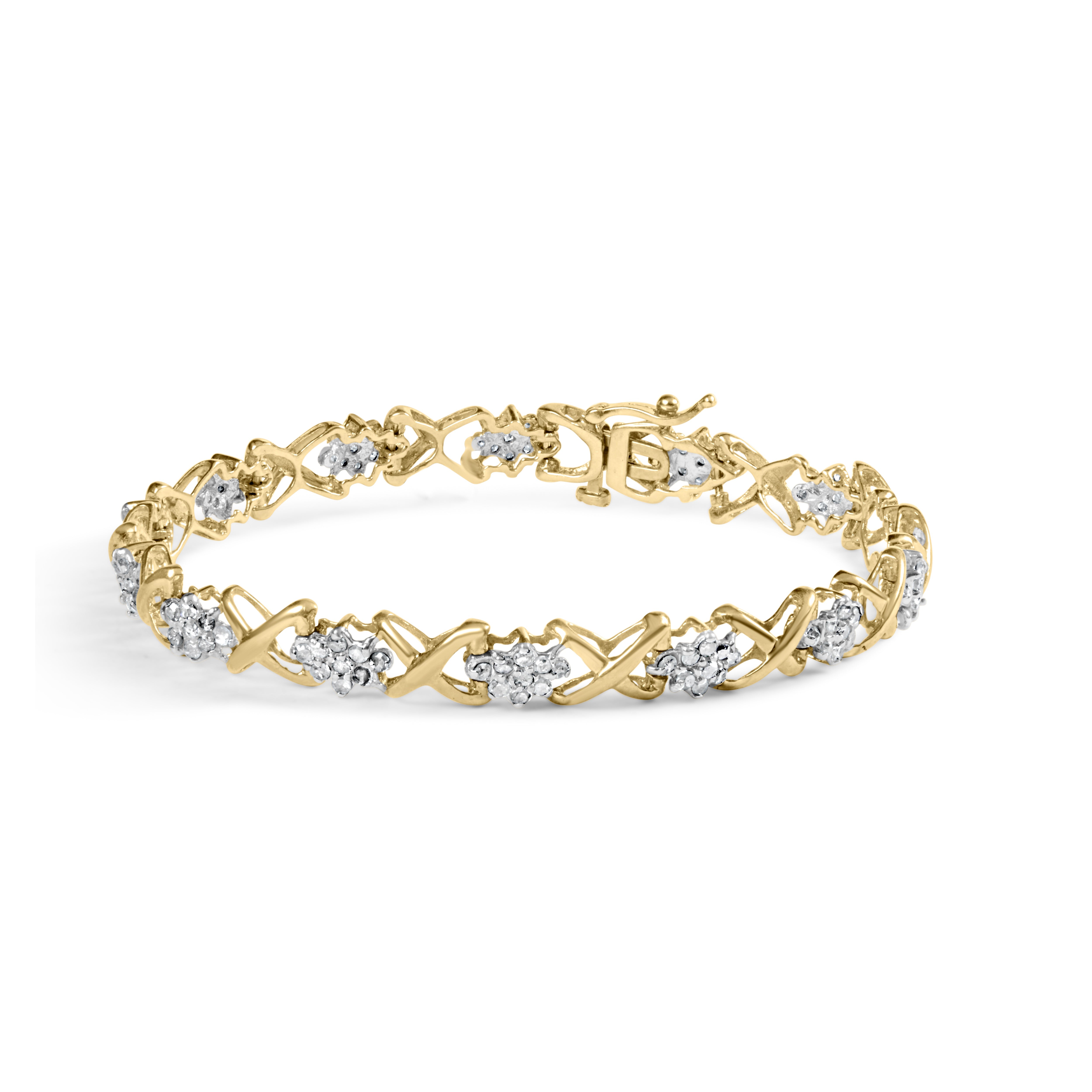 10k Yellow Gold 2.00 Cttw Diamond Cluster and Alternating "X" Link Bracelet I-J Color, I3 Clarity - 7" on sale at MyriadMart