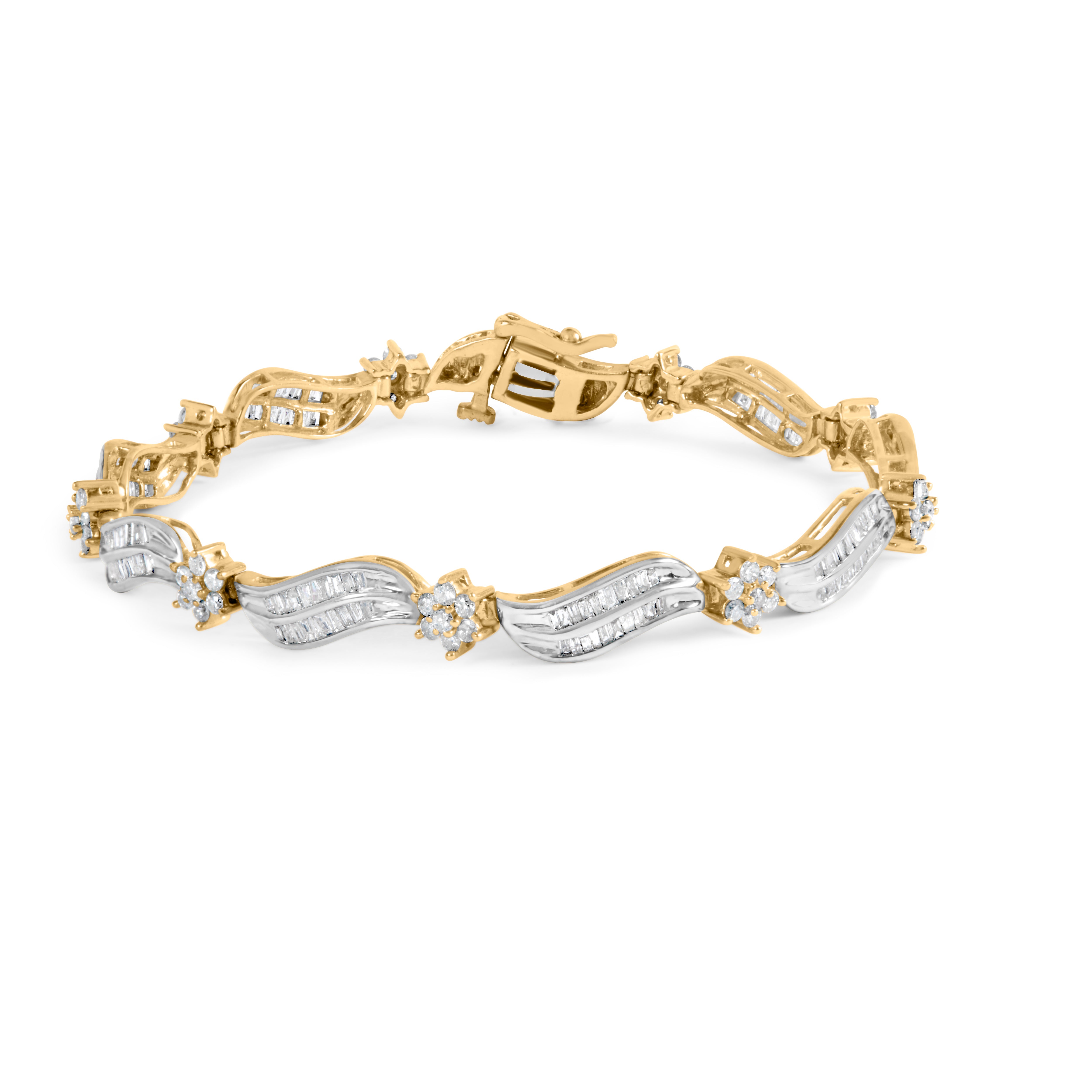 10K Yellow and White Gold 3.00 Cttw Diamond Cluster and Wave Link Bracelet I-J Color, I1-I2 Clarity - 7.25" on sale at MyriadMart